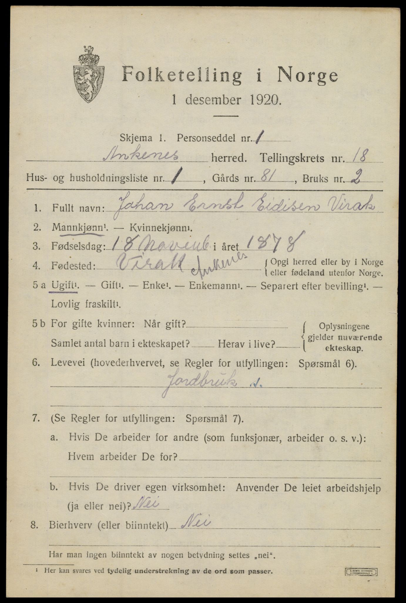 SAT, 1920 census for Ankenes, 1920, p. 7935