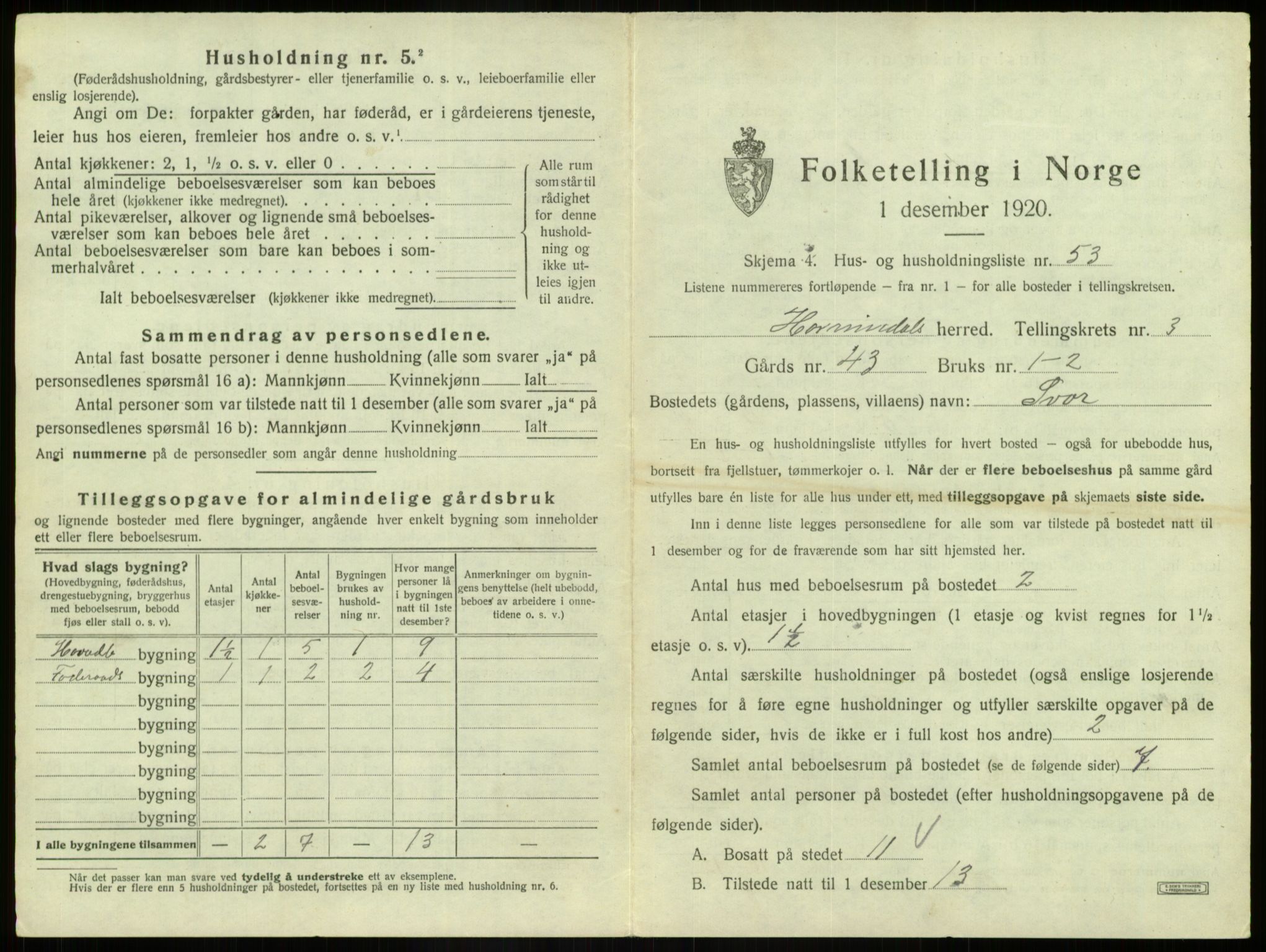 SAB, 1920 census for Hornindal, 1920, p. 207