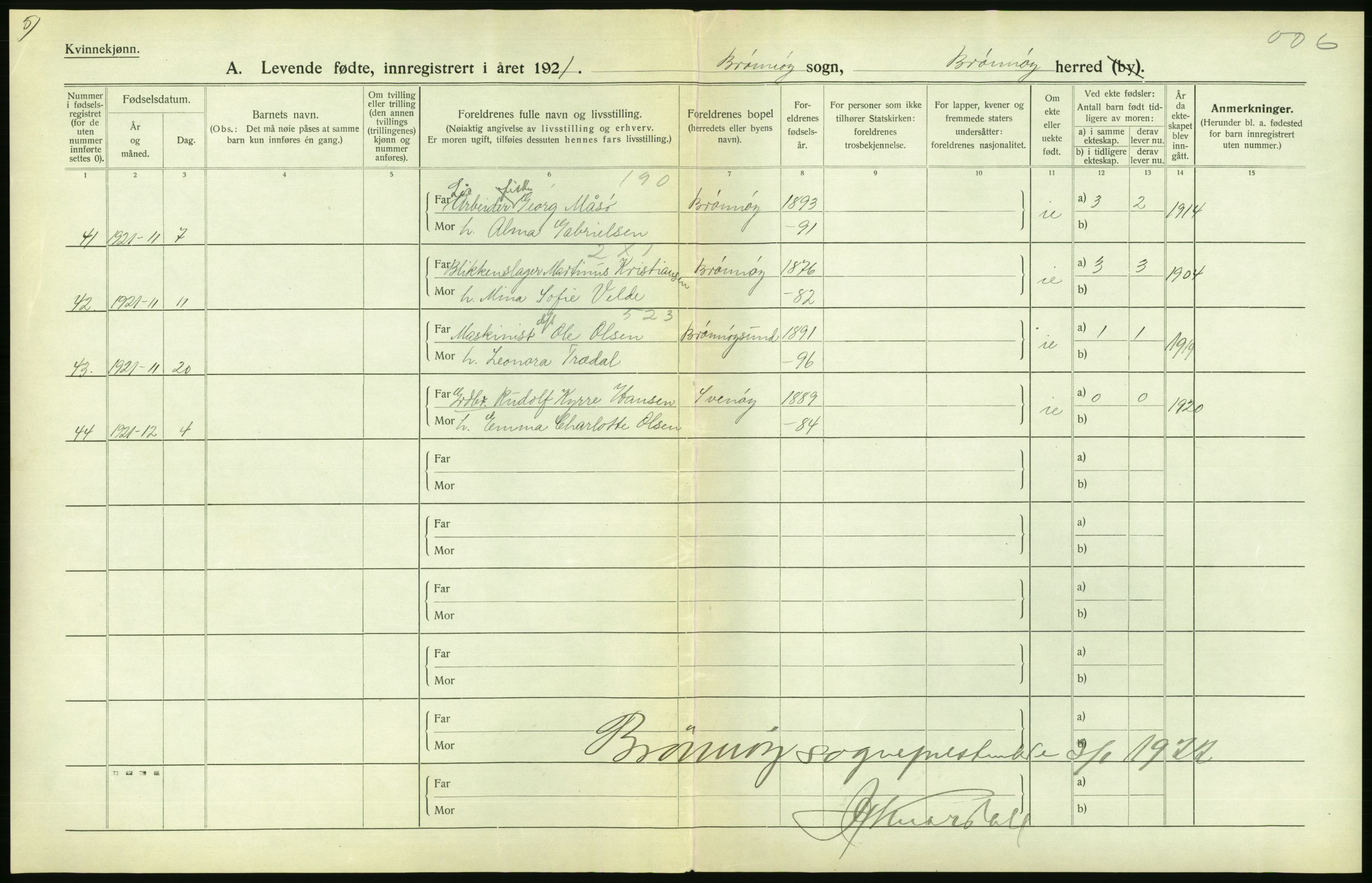 Statistisk sentralbyrå, Sosiodemografiske emner, Befolkning, AV/RA-S-2228/D/Df/Dfc/Dfca/L0049: Nordland fylke: Levendefødte menn og kvinner. Bygder., 1921, p. 16