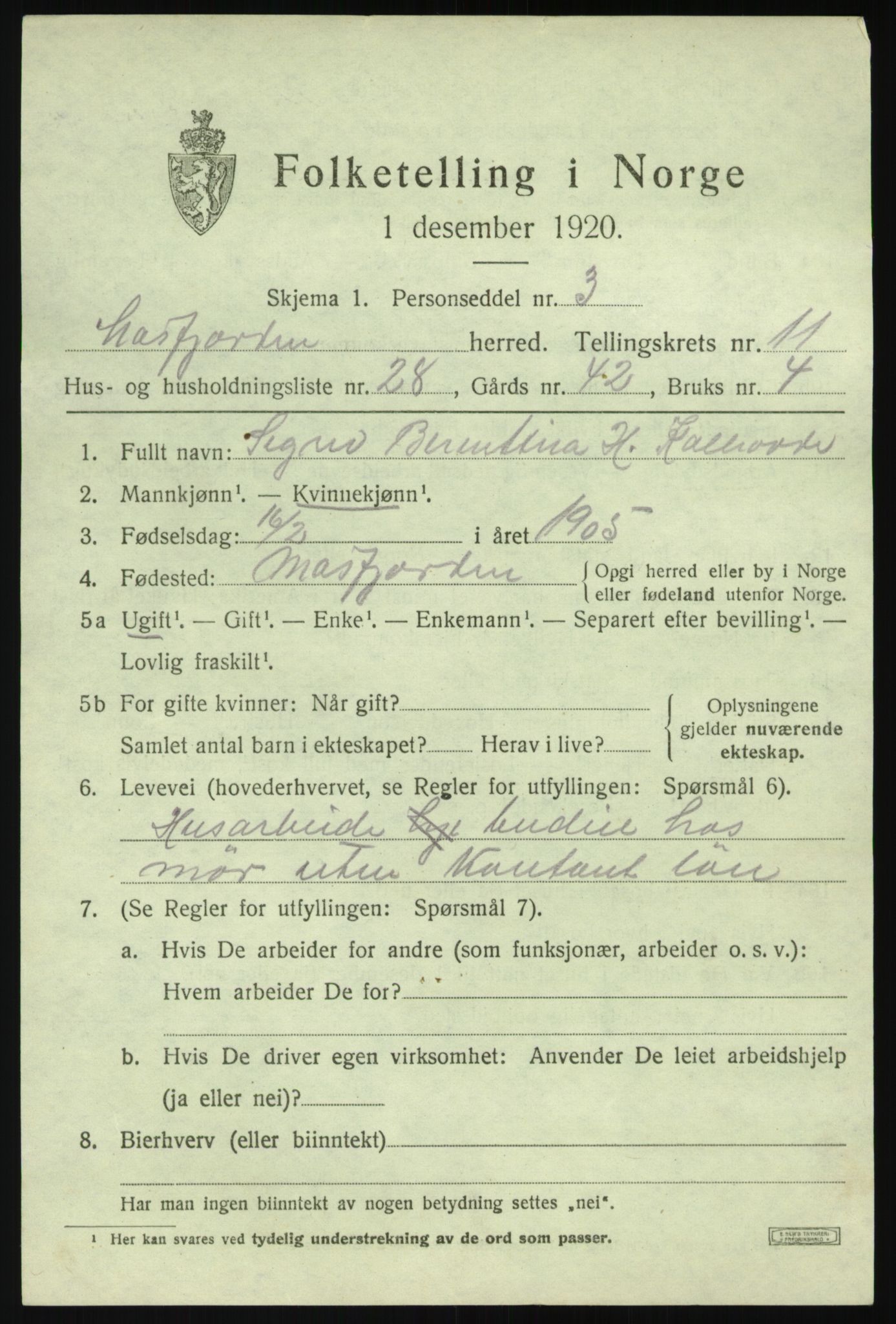 SAB, 1920 census for Masfjorden, 1920, p. 4453