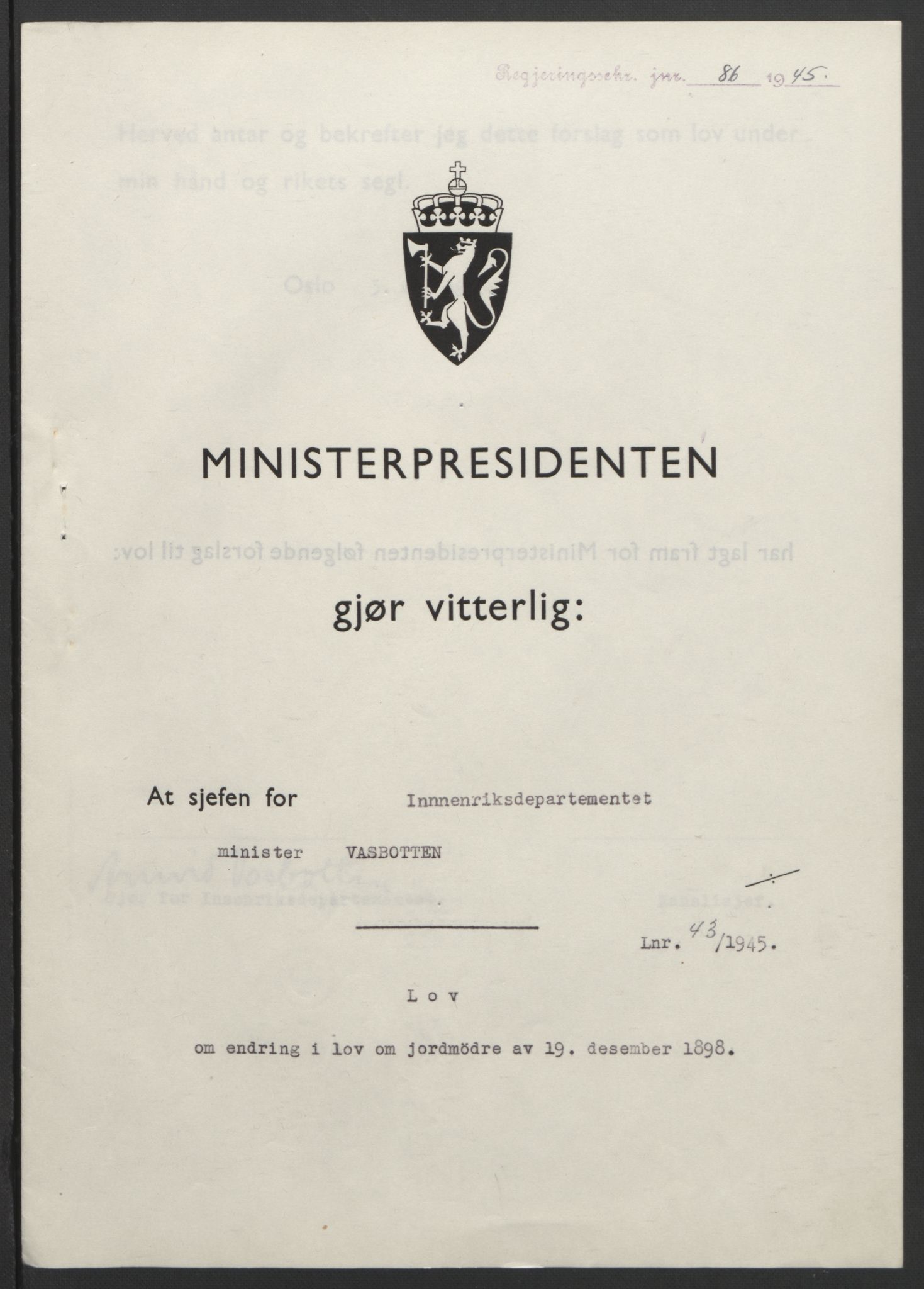 NS-administrasjonen 1940-1945 (Statsrådsekretariatet, de kommisariske statsråder mm), RA/S-4279/D/Db/L0101/0001: -- / Lover og vedtak, 1945, p. 174