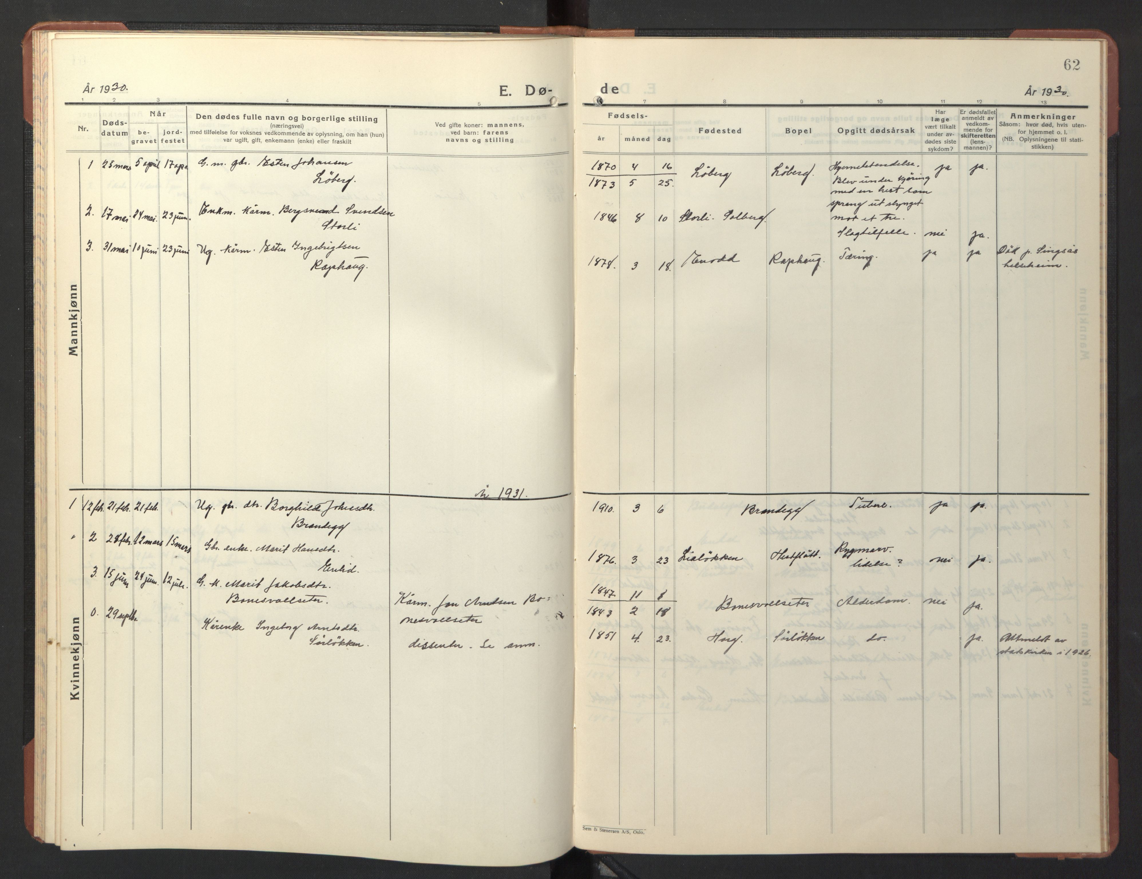 Ministerialprotokoller, klokkerbøker og fødselsregistre - Sør-Trøndelag, SAT/A-1456/690/L1053: Parish register (copy) no. 690C03, 1930-1947, p. 62