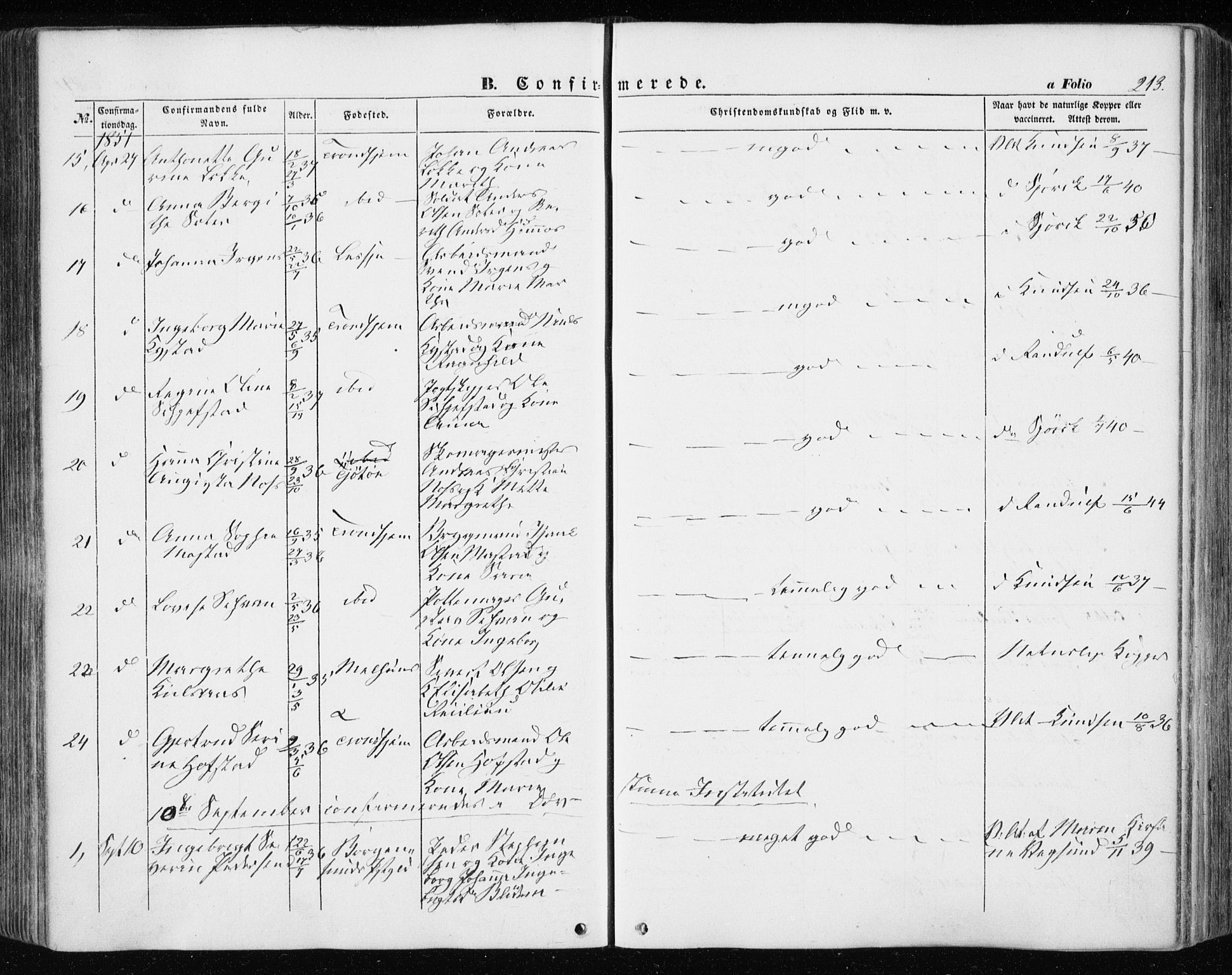 Ministerialprotokoller, klokkerbøker og fødselsregistre - Sør-Trøndelag, AV/SAT-A-1456/601/L0051: Parish register (official) no. 601A19, 1848-1857, p. 213