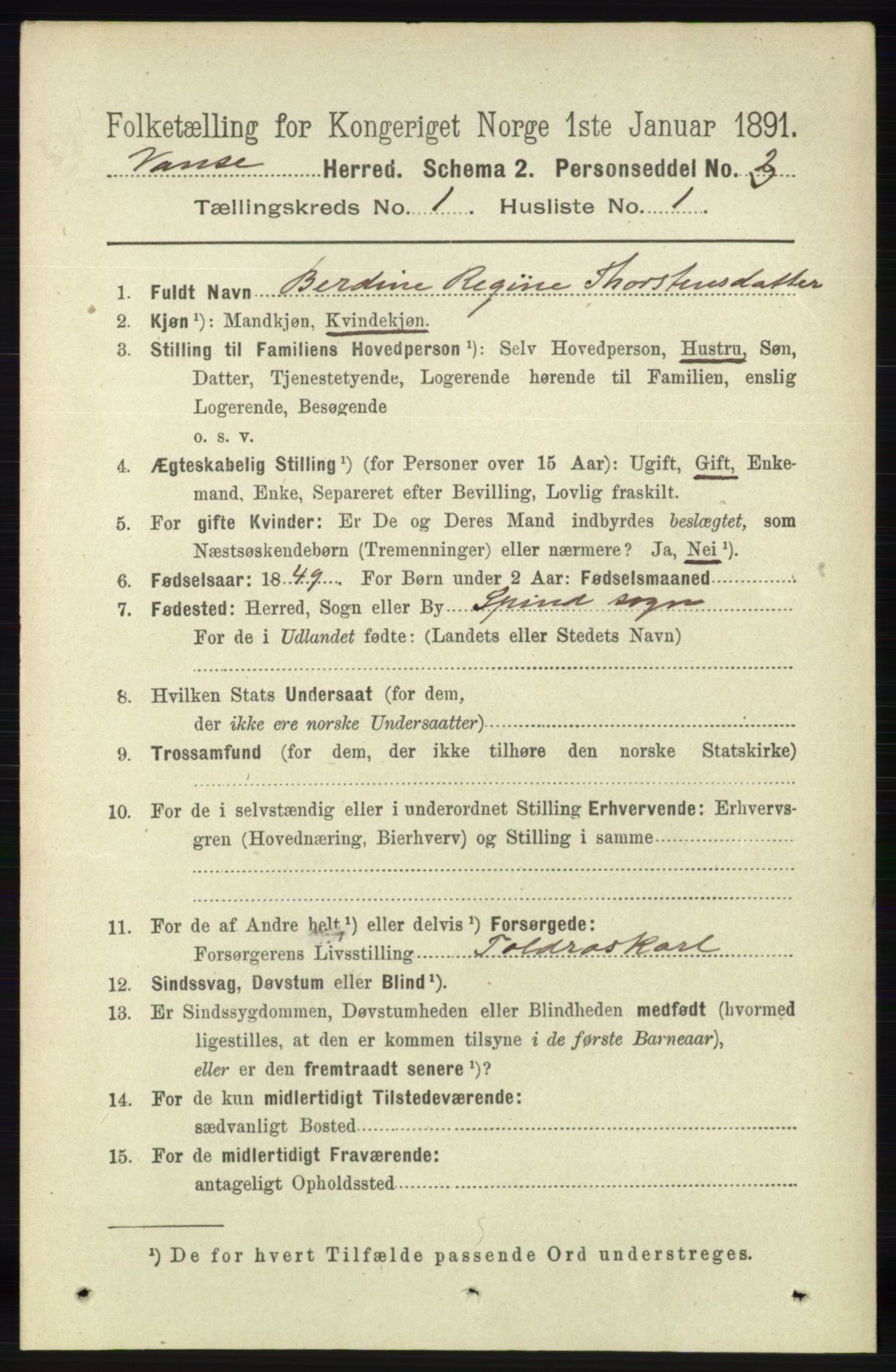 RA, 1891 census for 1041 Vanse, 1891, p. 131