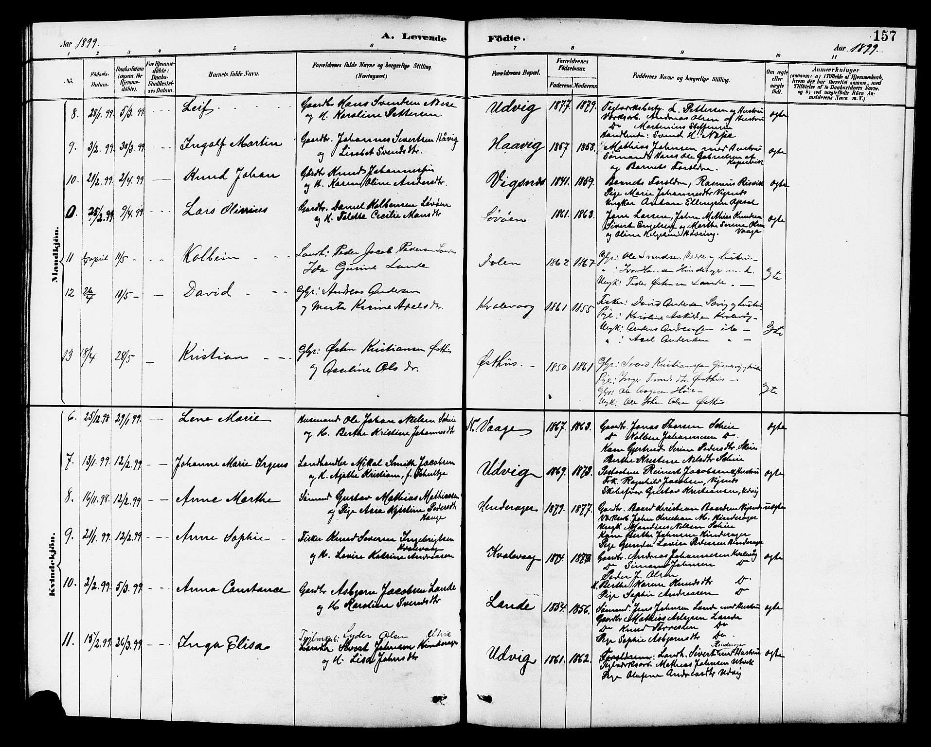 Avaldsnes sokneprestkontor, AV/SAST-A -101851/H/Ha/Hab/L0007: Parish register (copy) no. B 7, 1885-1909, p. 157