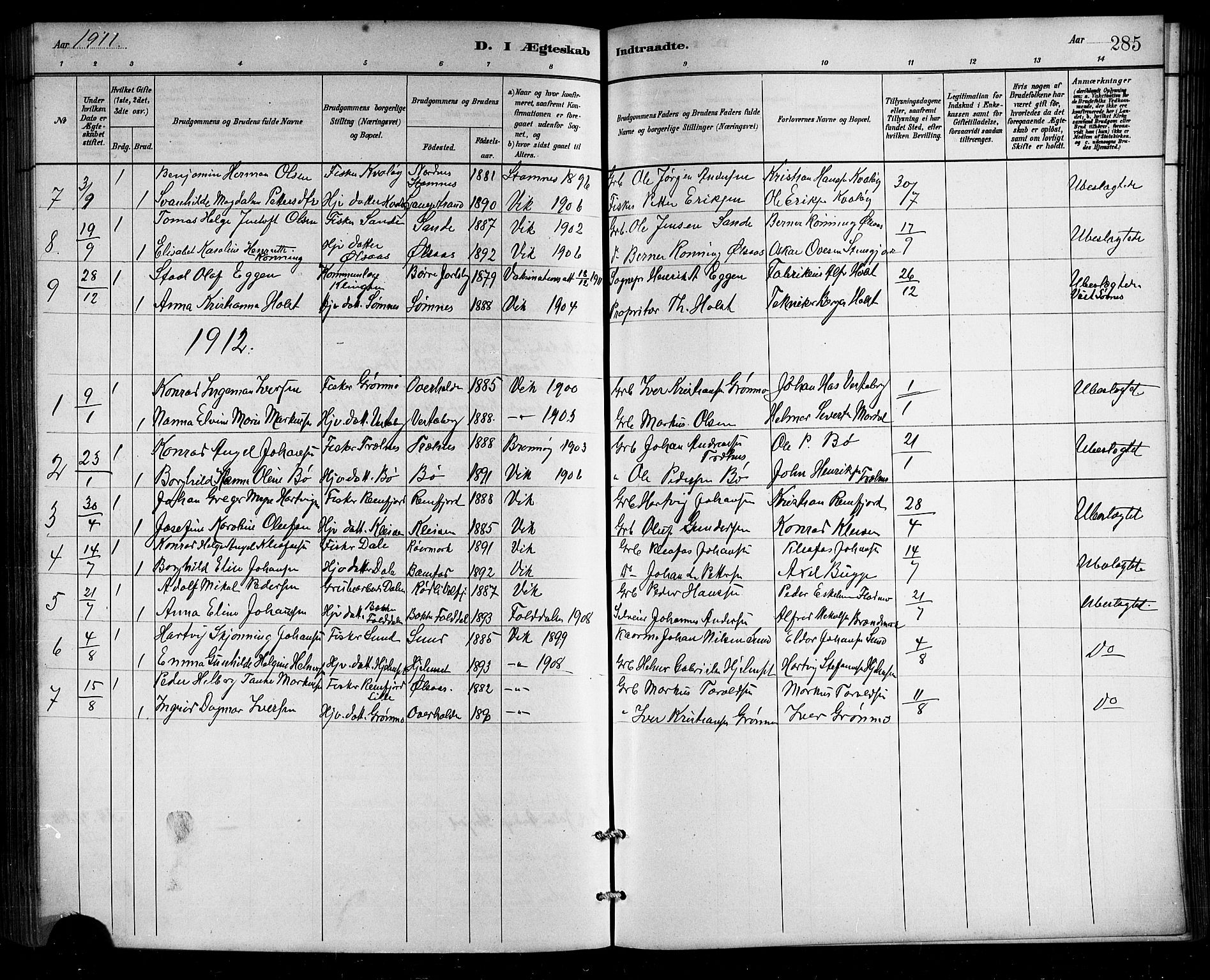 Ministerialprotokoller, klokkerbøker og fødselsregistre - Nordland, SAT/A-1459/812/L0188: Parish register (copy) no. 812C06, 1884-1912, p. 285