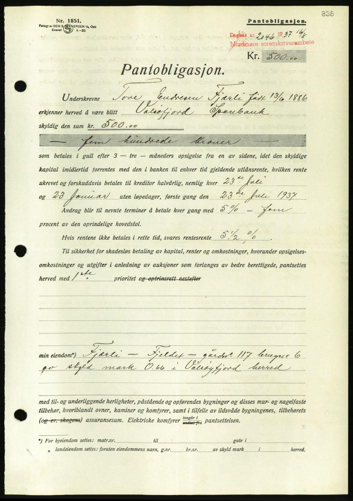 Nordmøre sorenskriveri, AV/SAT-A-4132/1/2/2Ca/L0091: Mortgage book no. B81, 1937-1937, Diary no: : 2046/1937