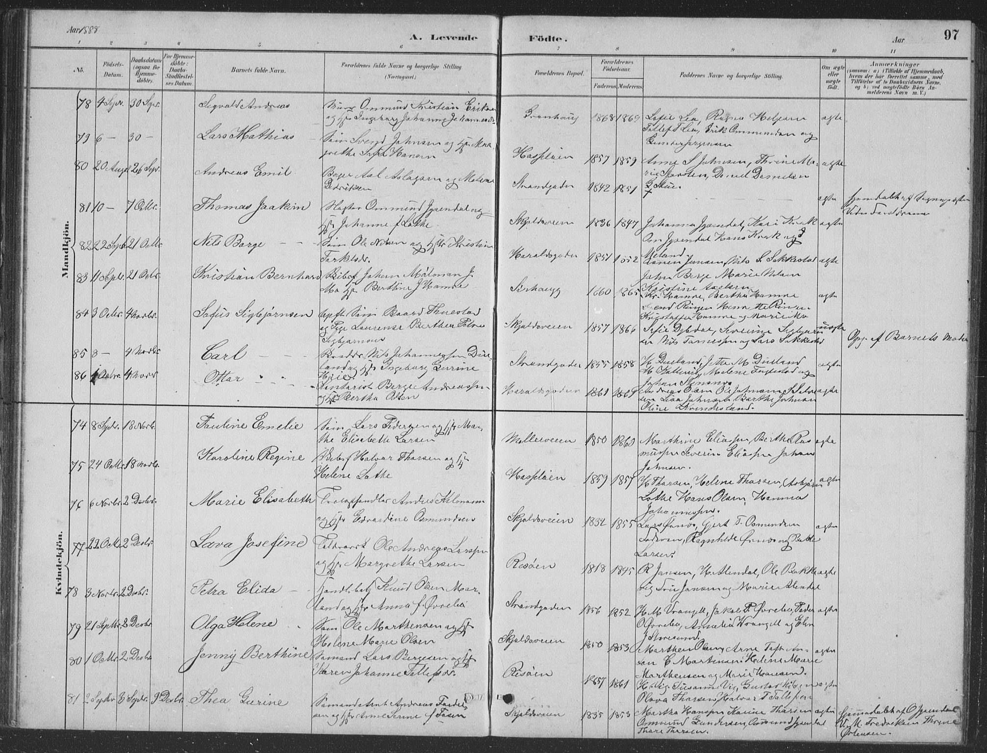 Haugesund sokneprestkontor, AV/SAST-A -101863/H/Ha/Hab/L0002: Parish register (copy) no. B 2, 1881-1894, p. 97