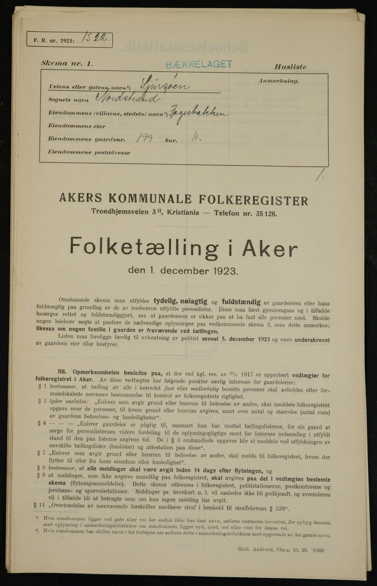 , Municipal Census 1923 for Aker, 1923, p. 45316