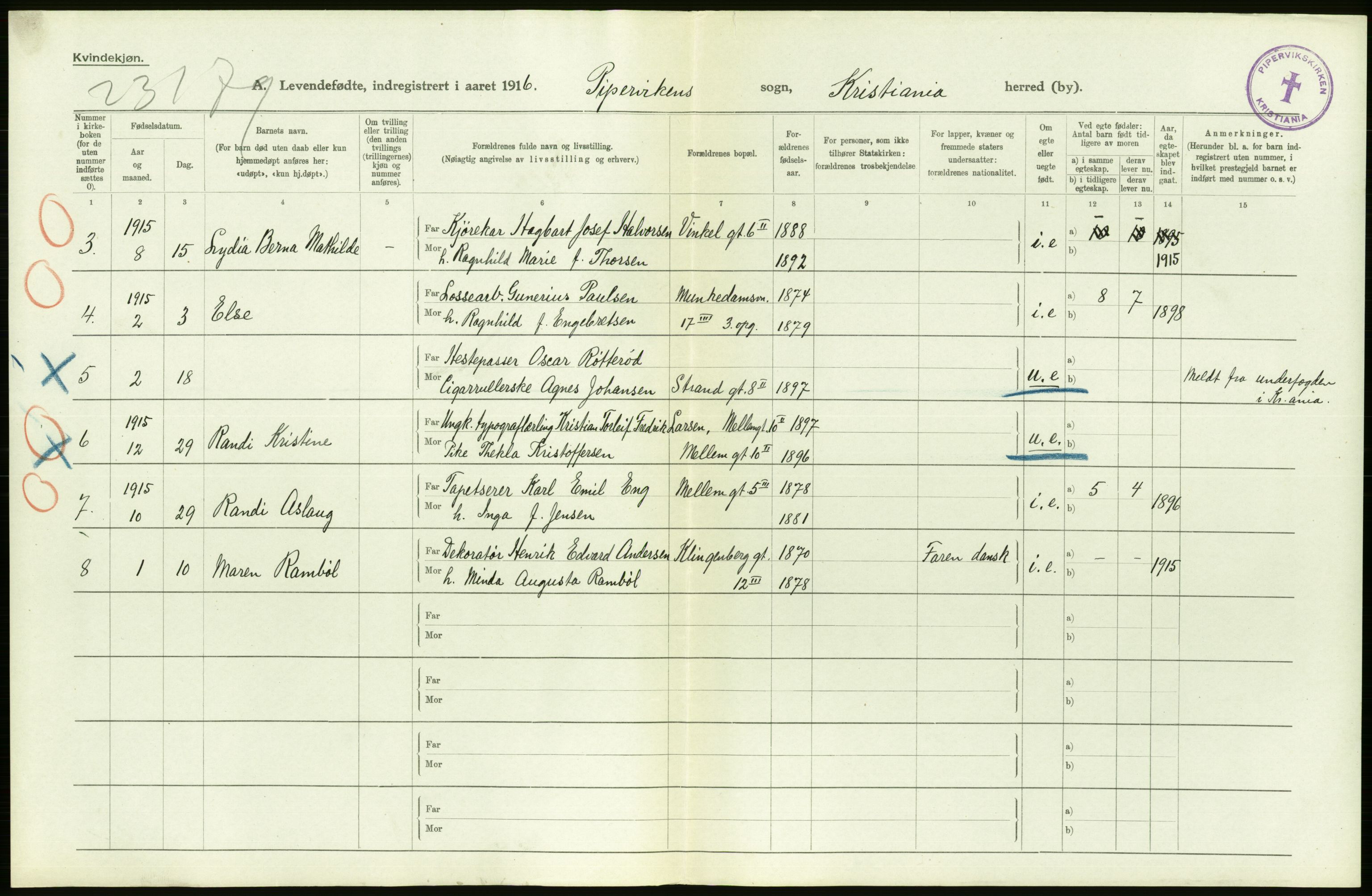 Statistisk sentralbyrå, Sosiodemografiske emner, Befolkning, AV/RA-S-2228/D/Df/Dfb/Dfbf/L0007: Kristiania: Levendefødte menn og kvinner., 1916, p. 502