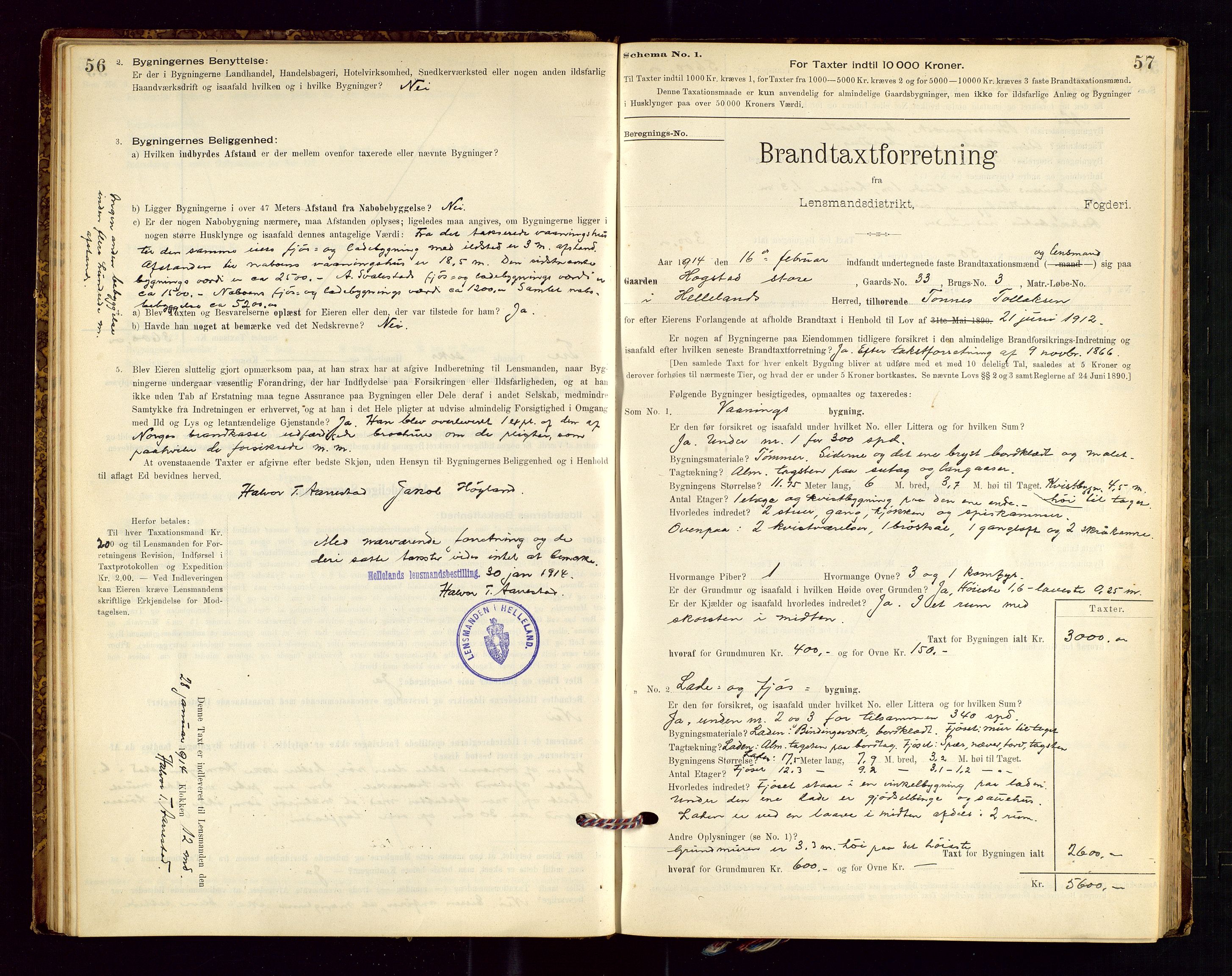 Helleland lensmannskontor, AV/SAST-A-100209/Gob/L0001: "Brandtaxationsprotokol", 1896-1919, p. 56-57
