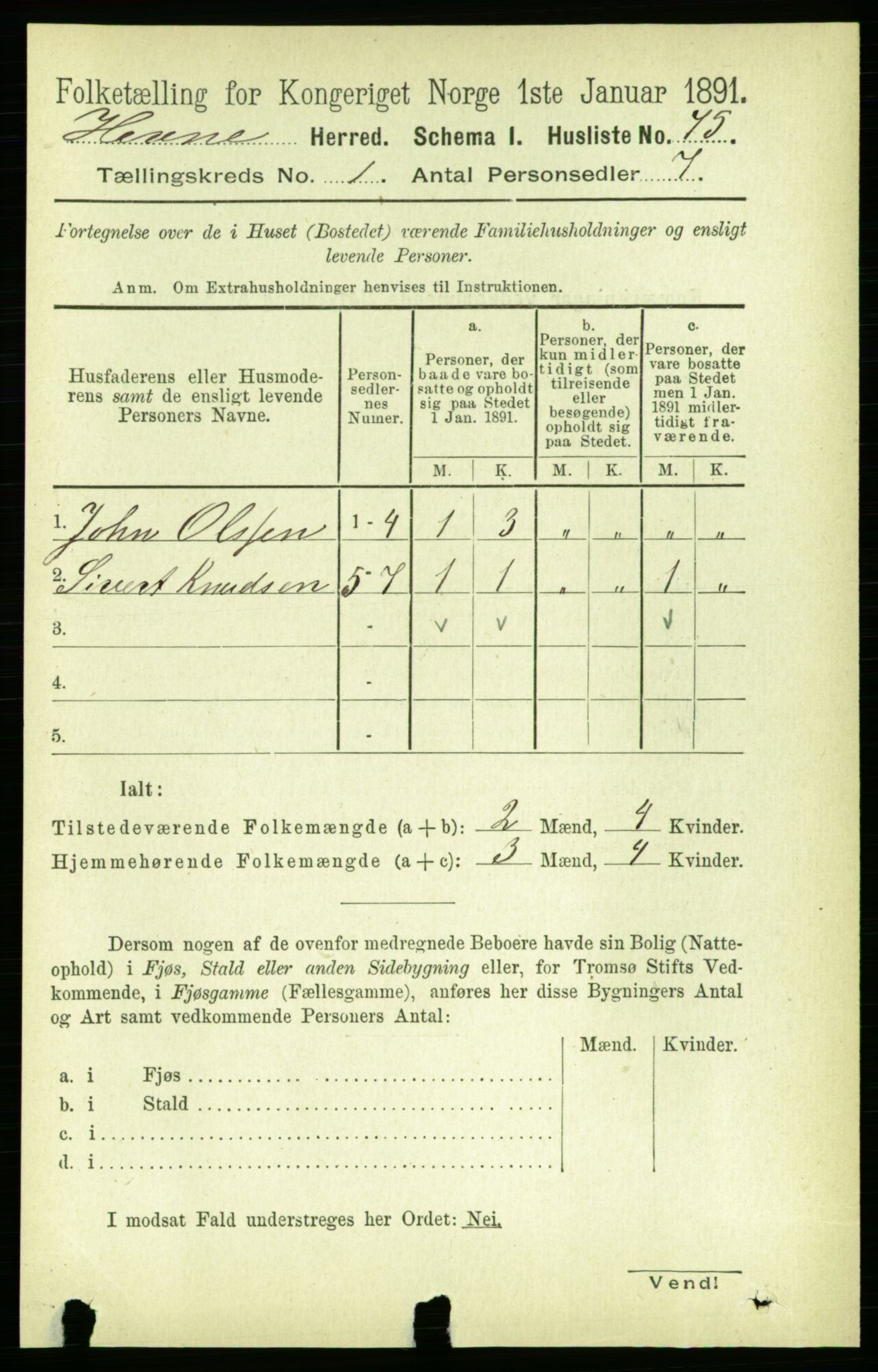 RA, 1891 census for 1612 Hemne, 1891, p. 111