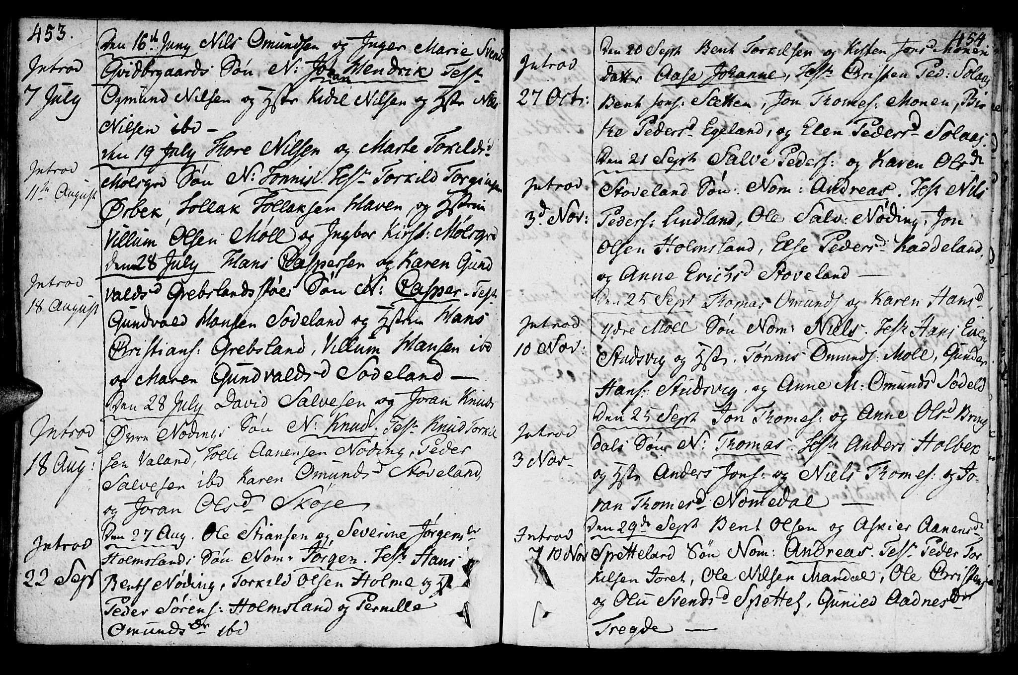 Holum sokneprestkontor, SAK/1111-0022/F/Fa/Faa/L0003: Parish register (official) no. A 3, 1780-1821, p. 453-454