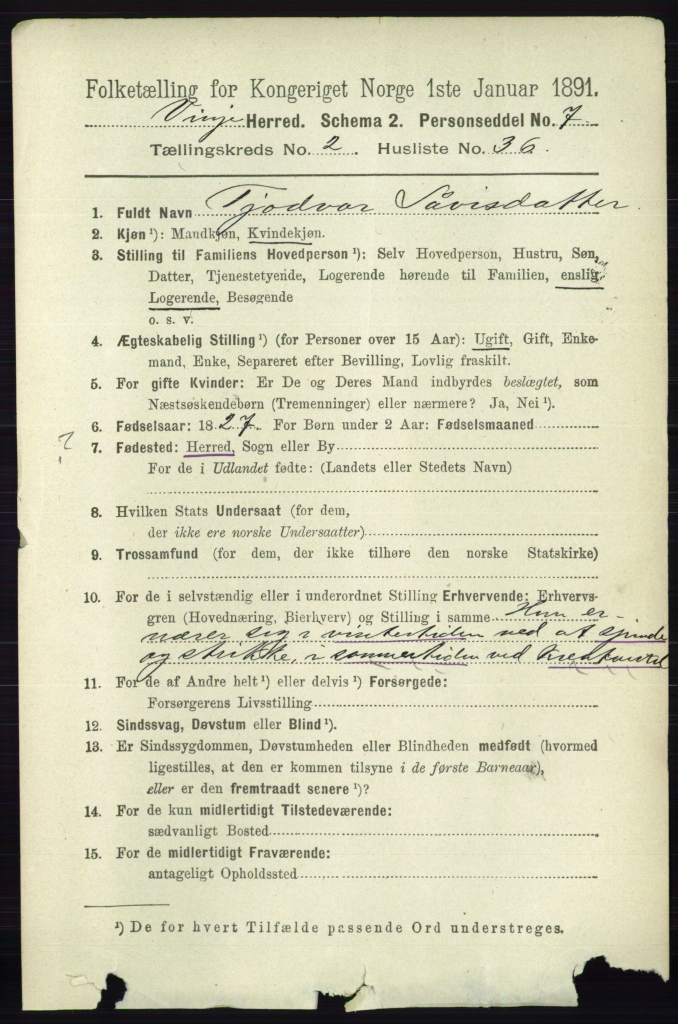 RA, 1891 census for 0834 Vinje, 1891, p. 598