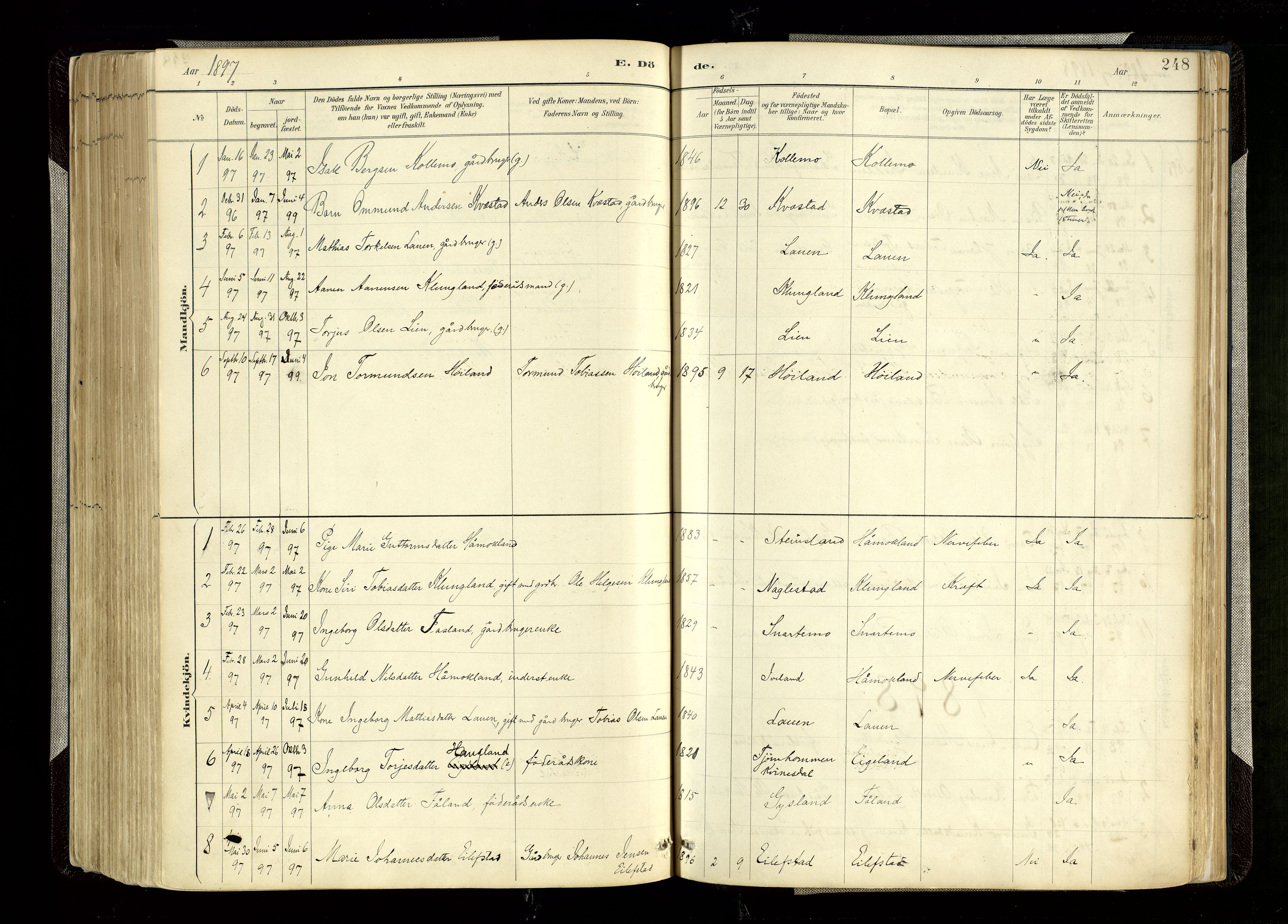 Hægebostad sokneprestkontor, AV/SAK-1111-0024/F/Fa/Faa/L0006: Parish register (official) no. A 6, 1887-1929, p. 248