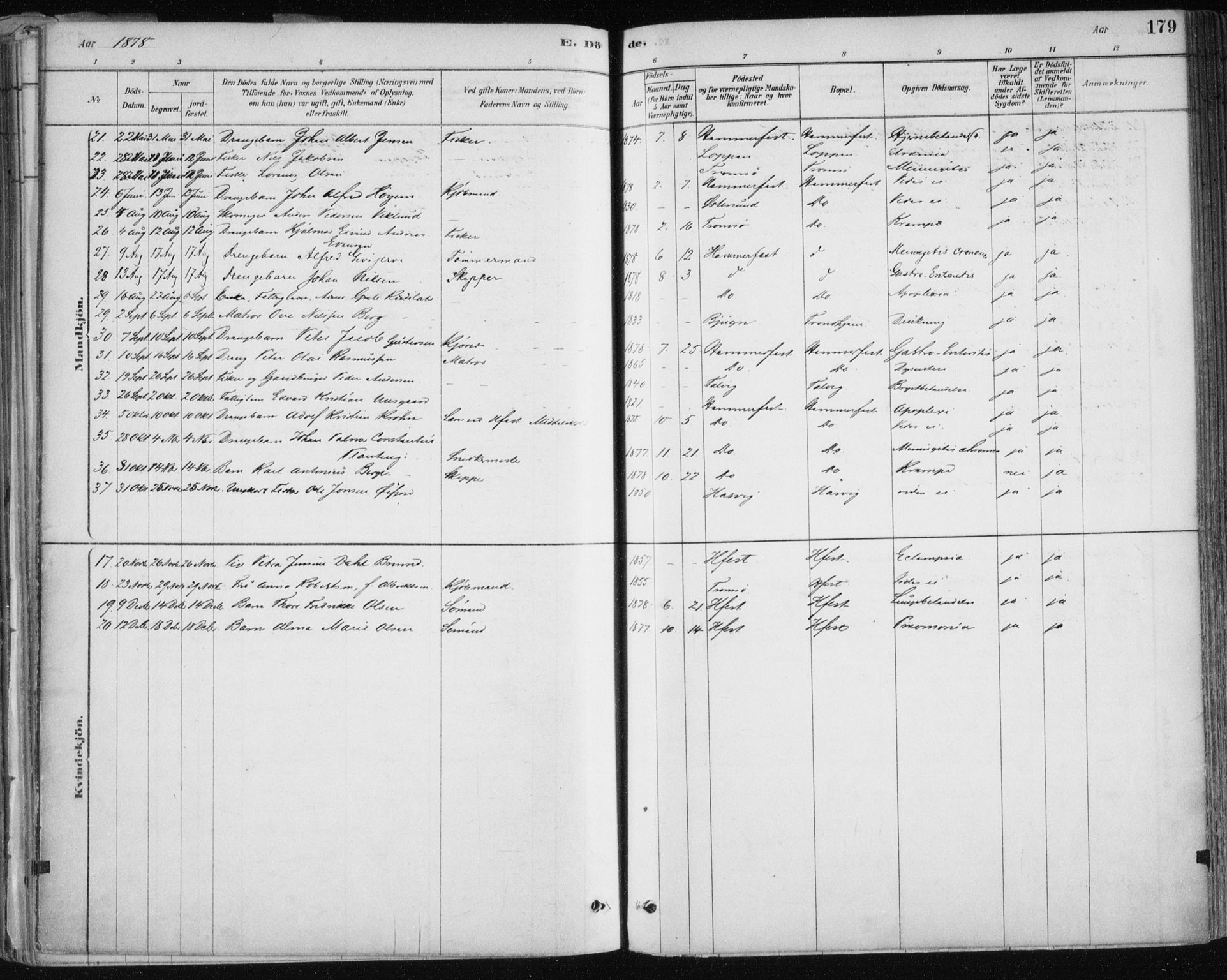 Hammerfest sokneprestkontor, AV/SATØ-S-1347/H/Ha/L0008.kirke: Parish register (official) no. 8, 1878-1889, p. 179