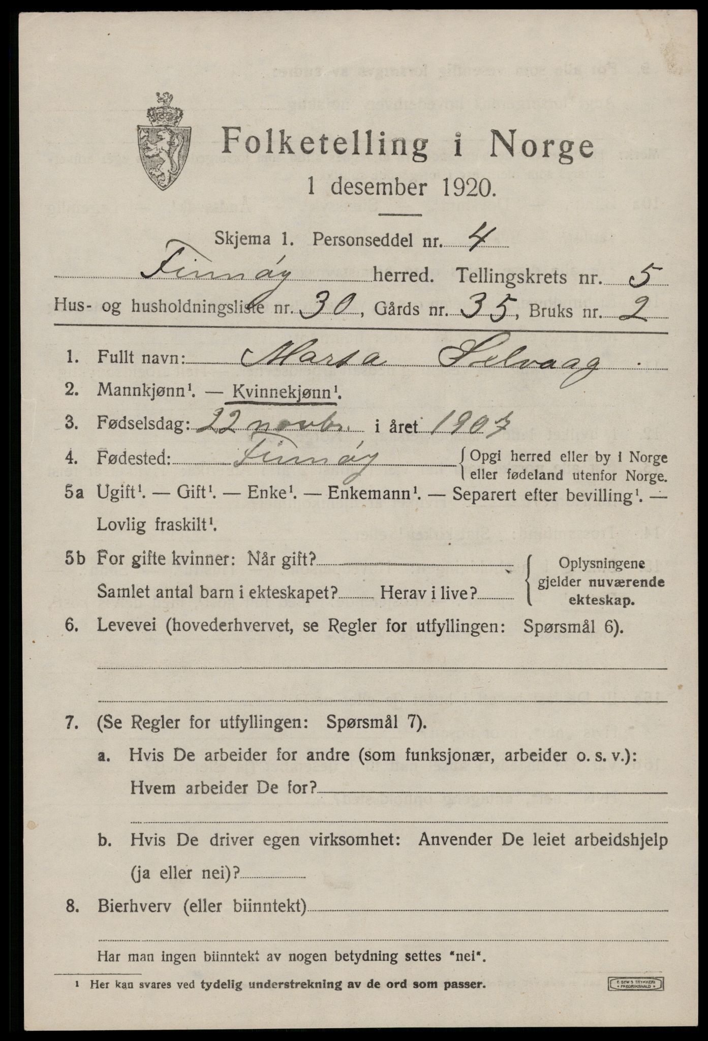 SAST, 1920 census for Finnøy, 1920, p. 3258