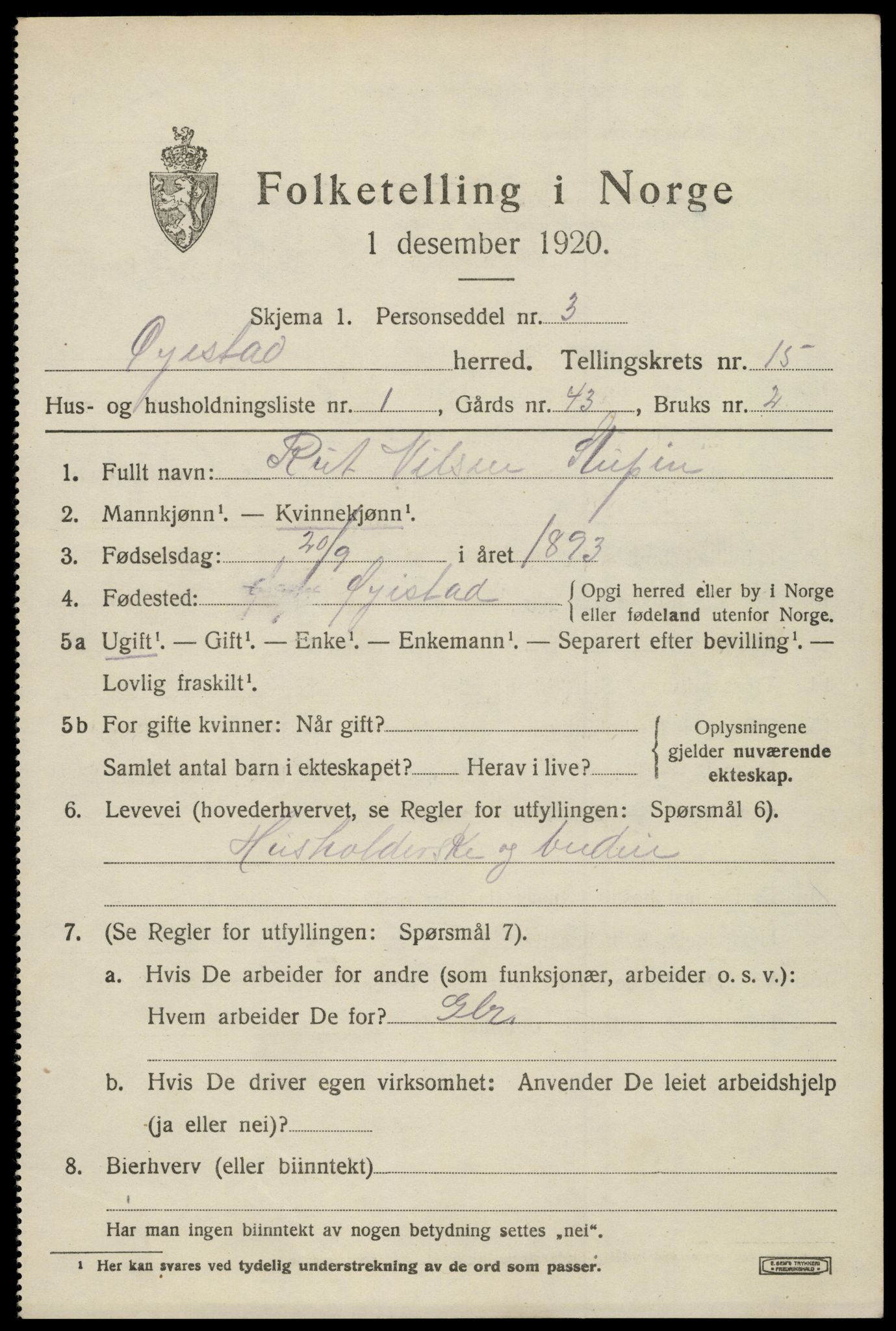 SAK, 1920 census for Øyestad, 1920, p. 10098