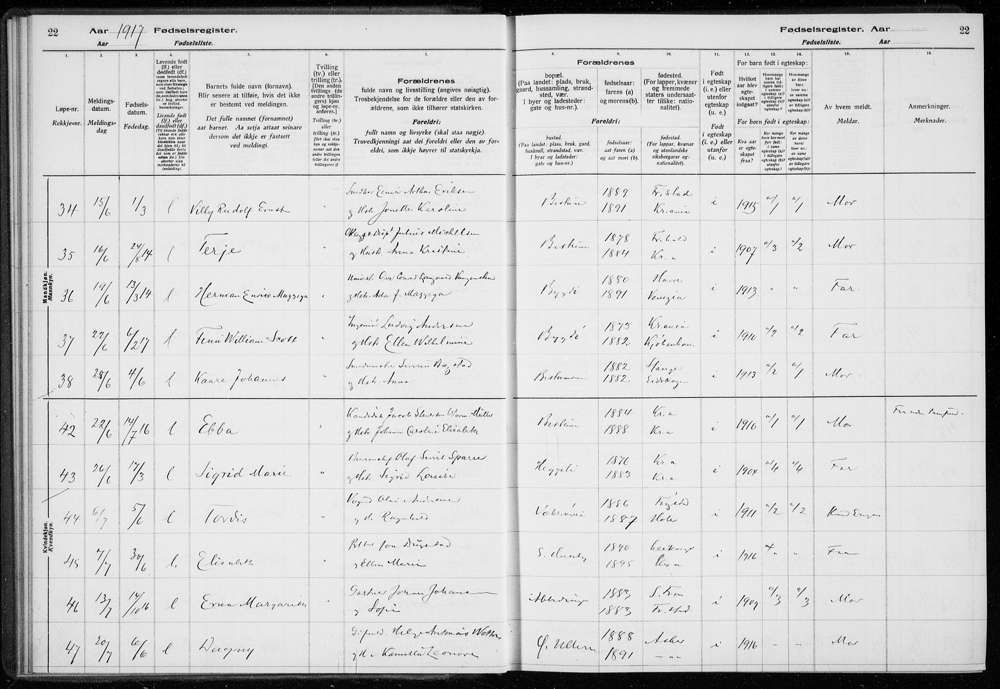 Ullern prestekontor Kirkebøker, SAO/A-10740/J/L0001: Birth register no. 1, 1916-1928, p. 22