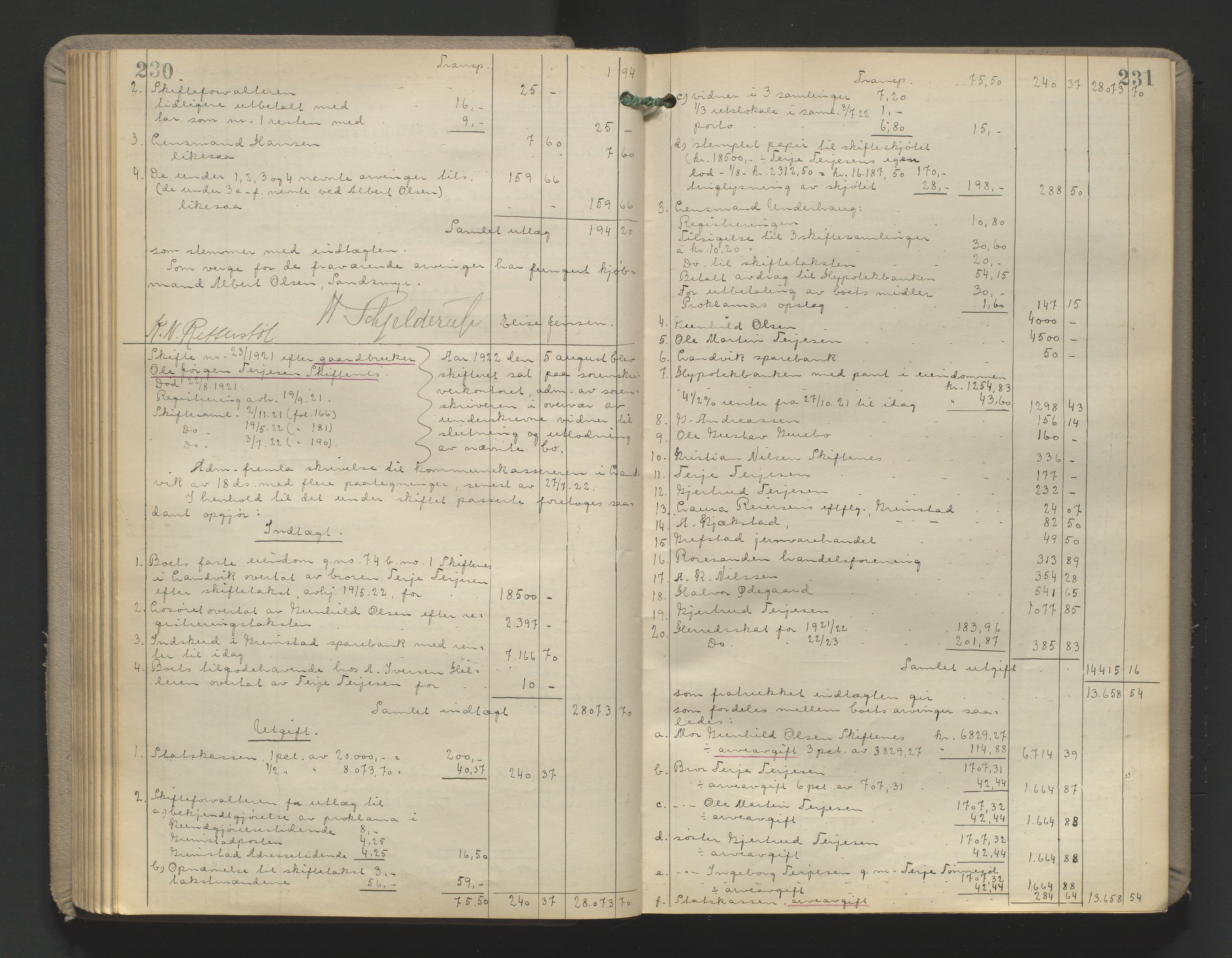 Vestre Nedenes/Sand sorenskriveri, AV/SAK-1221-0010/H/Hc/L0022: Skifteutlodningsprotokoll nr. 9, 1919-1932, p. 230-231