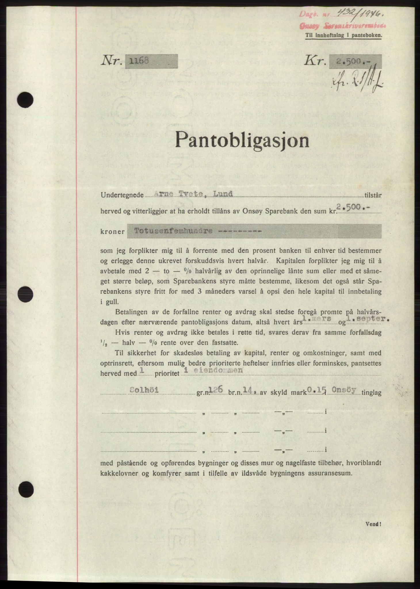 Onsøy sorenskriveri, SAO/A-10474/G/Ga/Gac/L0004: Mortgage book no. B4, 1944-1946, Diary no: : 432/1946