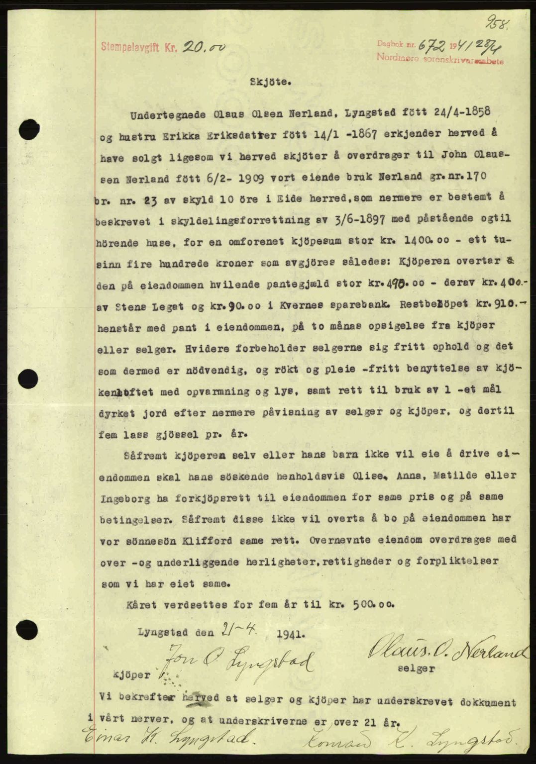 Nordmøre sorenskriveri, SAT/A-4132/1/2/2Ca: Mortgage book no. A89, 1940-1941, Diary no: : 672/1941