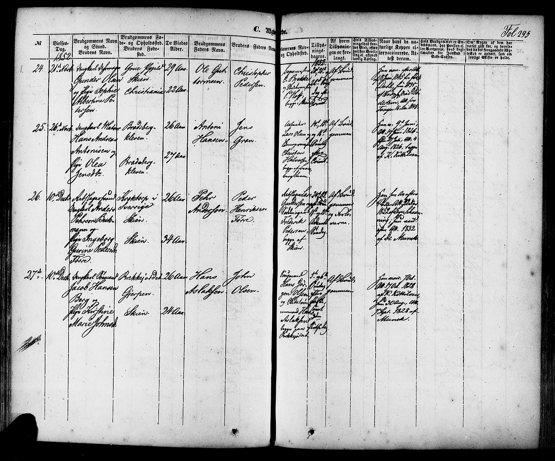 Skien kirkebøker, SAKO/A-302/F/Fa/L0006a: Parish register (official) no. 6A, 1843-1856, p. 295