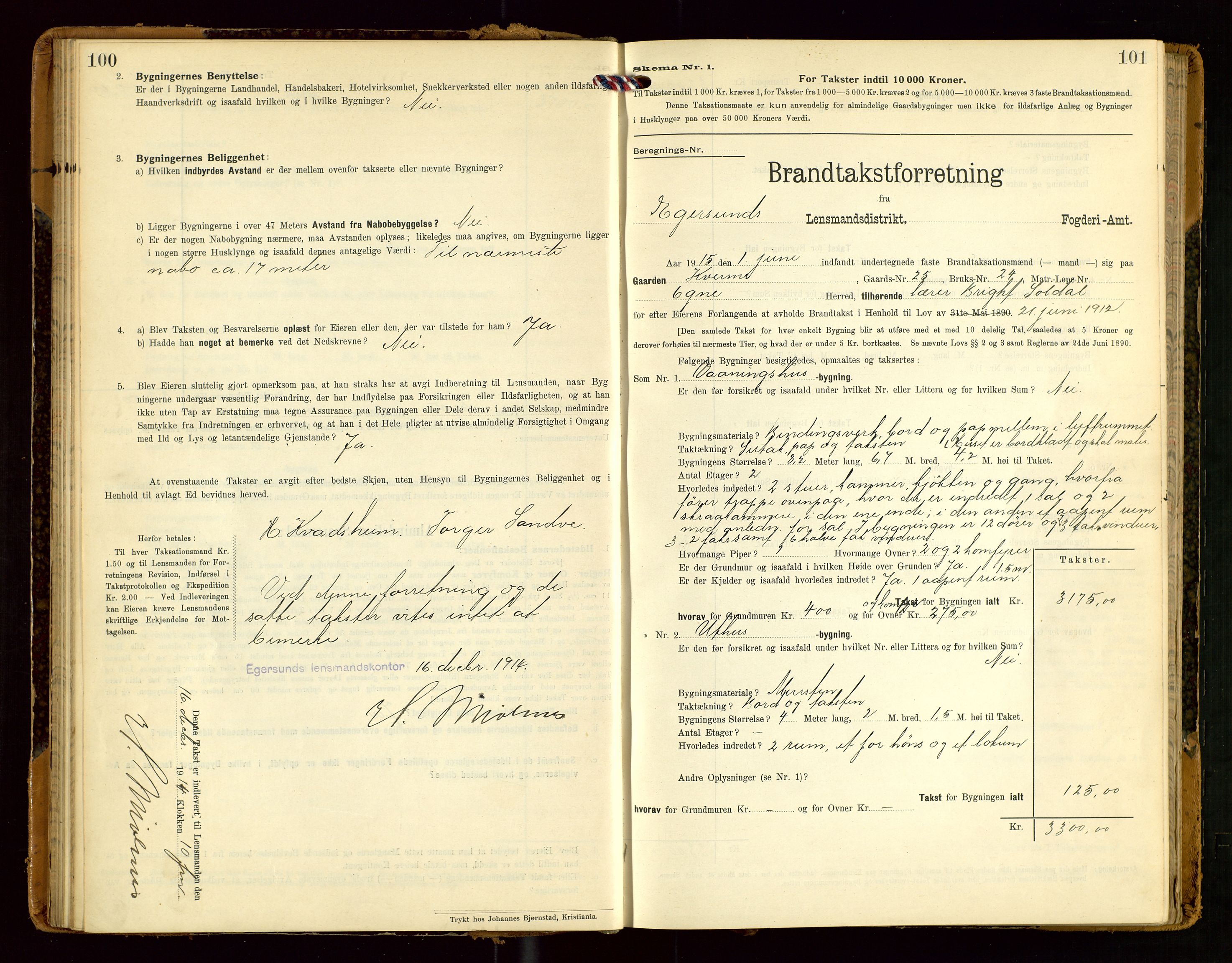 Eigersund lensmannskontor, SAST/A-100171/Gob/L0002: "Brandtakstprotokol", 1910-1916, p. 100-101