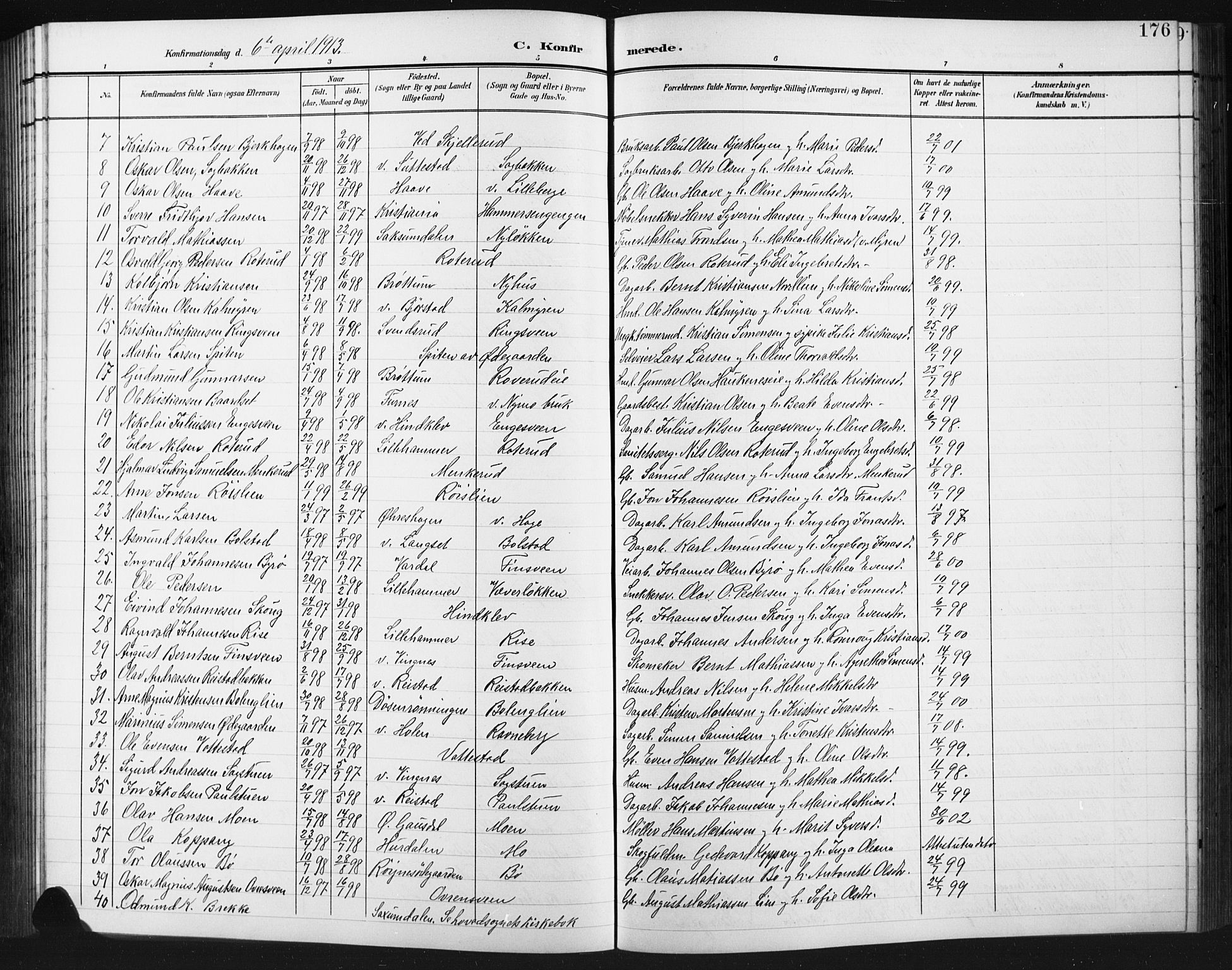 Fåberg prestekontor, SAH/PREST-086/H/Ha/Hab/L0012: Parish register (copy) no. 12, 1903-1924, p. 176