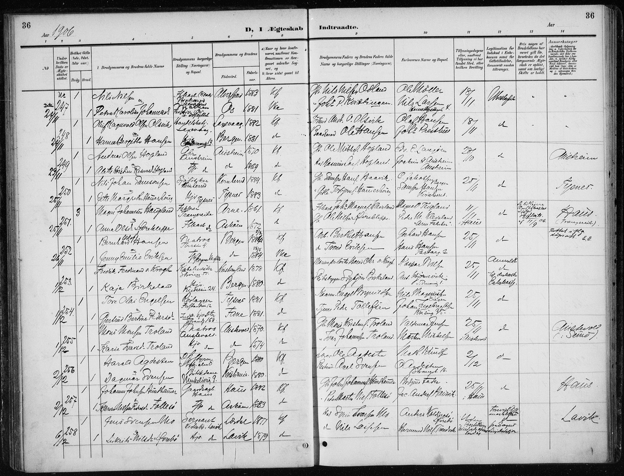 Nykirken Sokneprestembete, AV/SAB-A-77101/H/Haa/L0035: Parish register (official) no. D 5, 1905-1913, p. 36