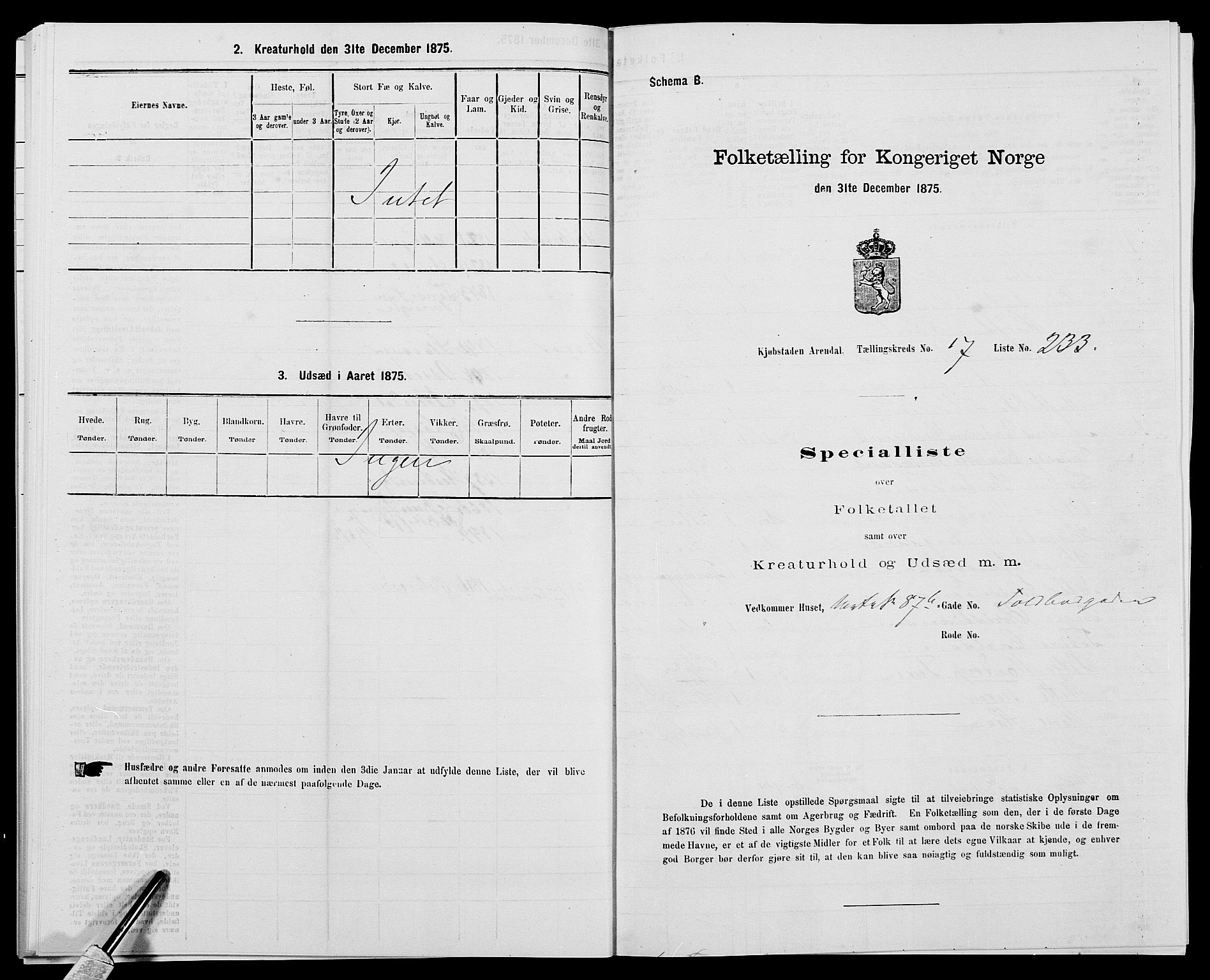 SAK, 1875 census for 0903P Arendal, 1875, p. 539