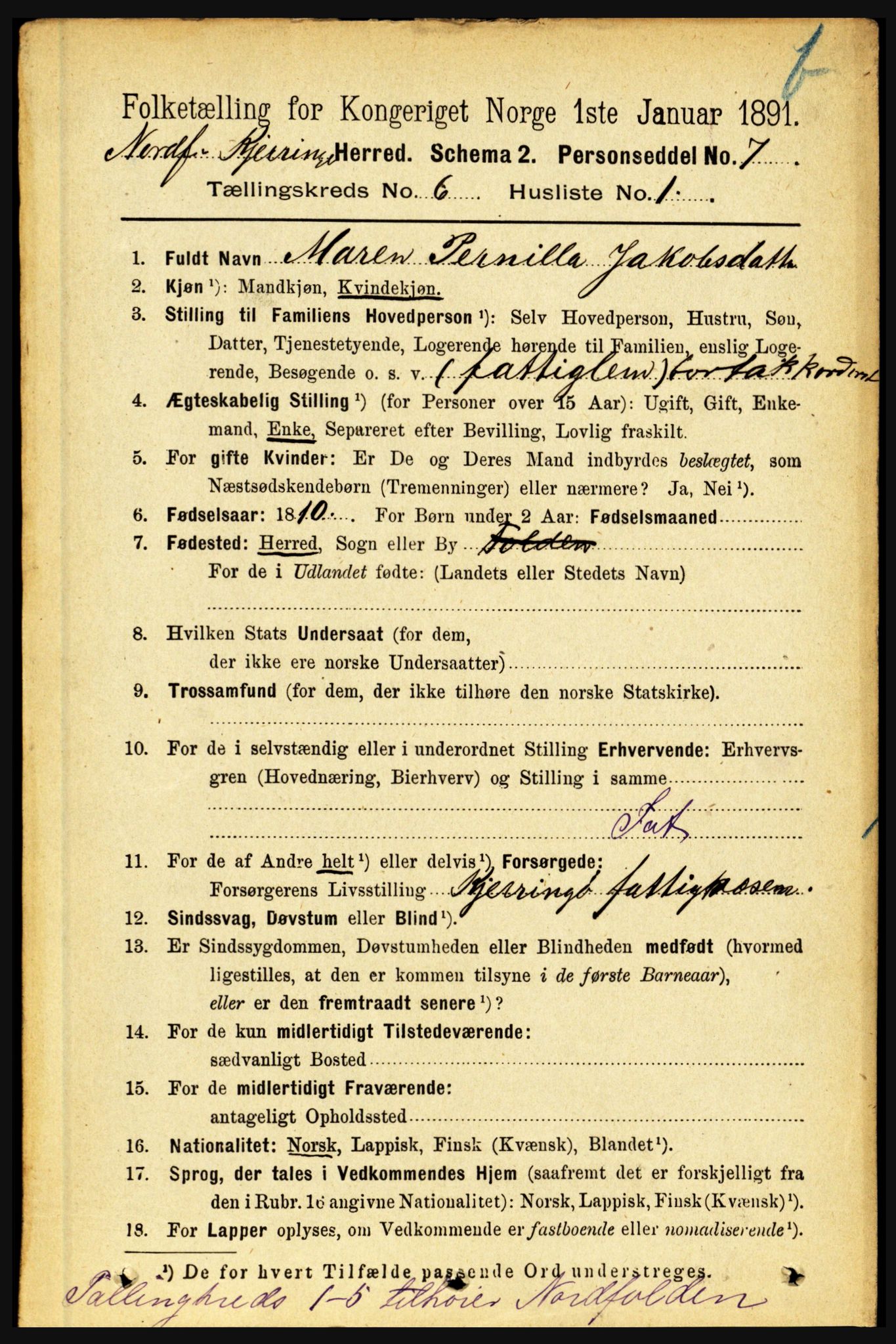 RA, 1891 census for 1846 Nordfold-Kjerringøy, 1891, p. 1415