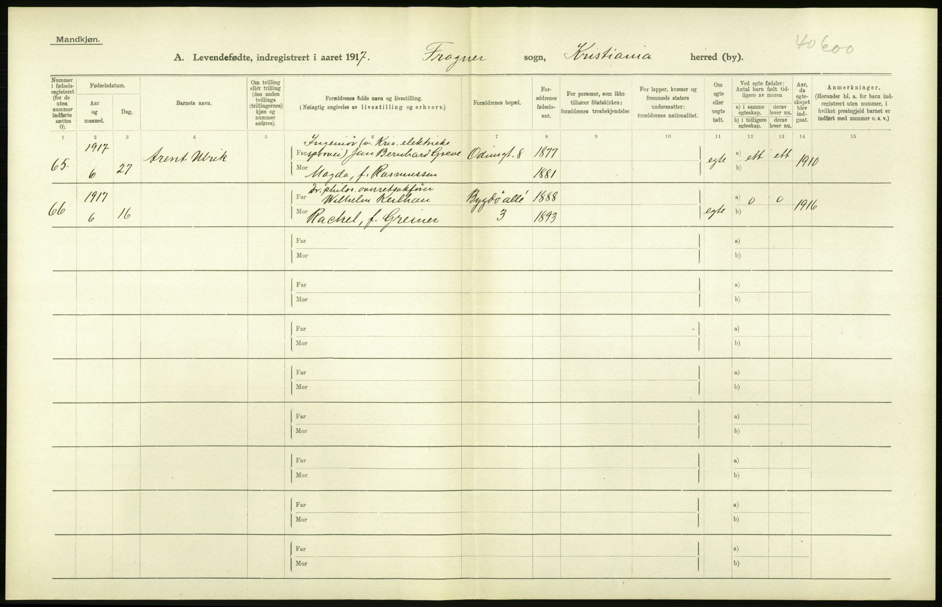 Statistisk sentralbyrå, Sosiodemografiske emner, Befolkning, AV/RA-S-2228/D/Df/Dfb/Dfbg/L0007: Kristiania: Levendefødte menn og kvinner., 1917, p. 238