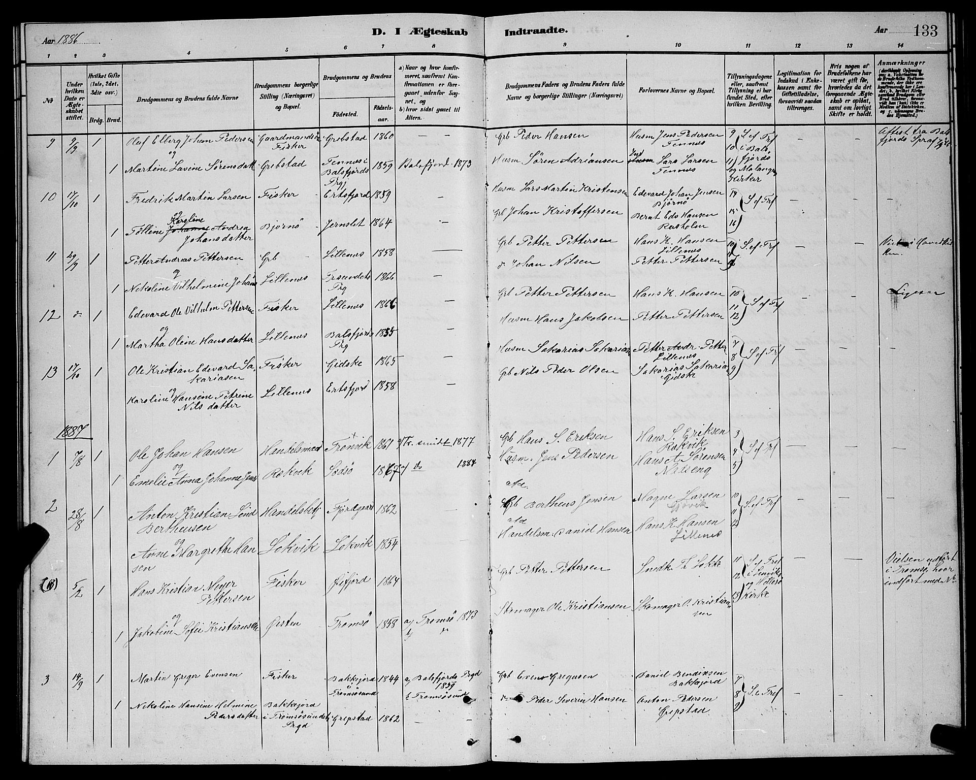 Lenvik sokneprestembete, AV/SATØ-S-1310/H/Ha/Hab/L0021klokker: Parish register (copy) no. 21, 1884-1900, p. 133
