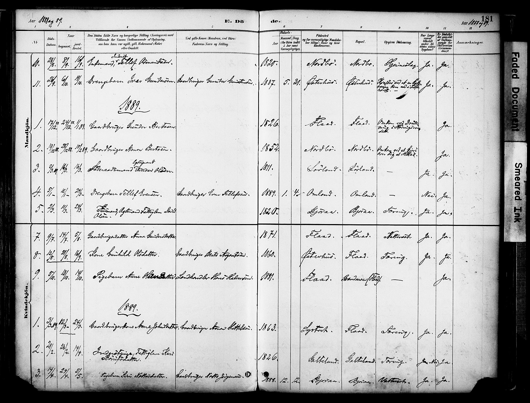 Evje sokneprestkontor, AV/SAK-1111-0008/F/Fa/Faa/L0007: Parish register (official) no. A 7, 1884-1909, p. 181