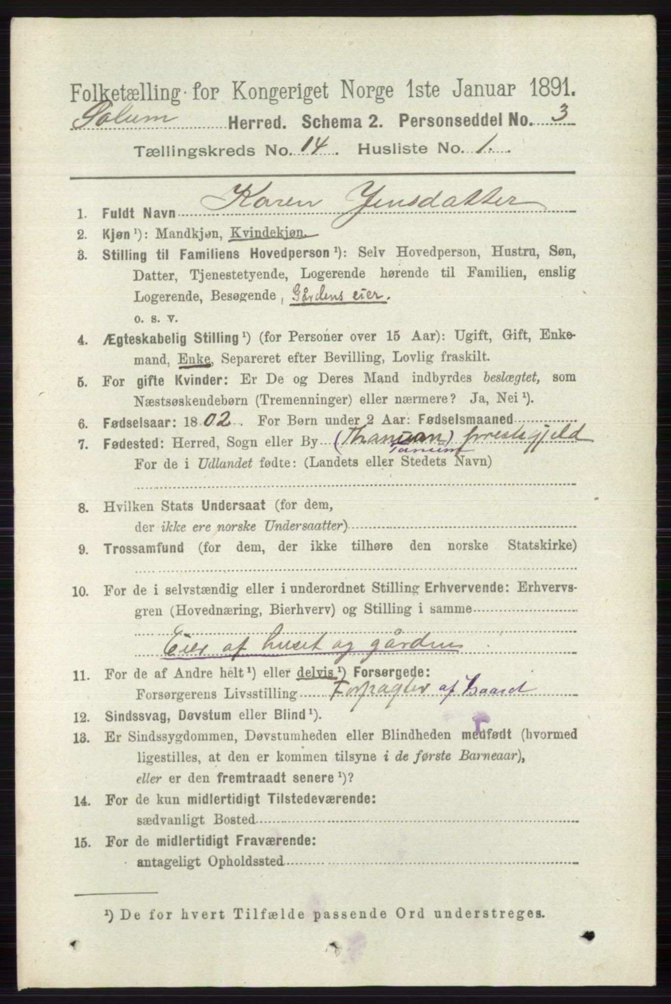 RA, 1891 census for 0818 Solum, 1891, p. 6363