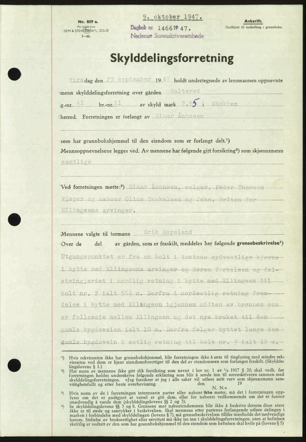Nedenes sorenskriveri, AV/SAK-1221-0006/G/Gb/Gba/L0058: Mortgage book no. A10, 1947-1948, Diary no: : 1466/1947