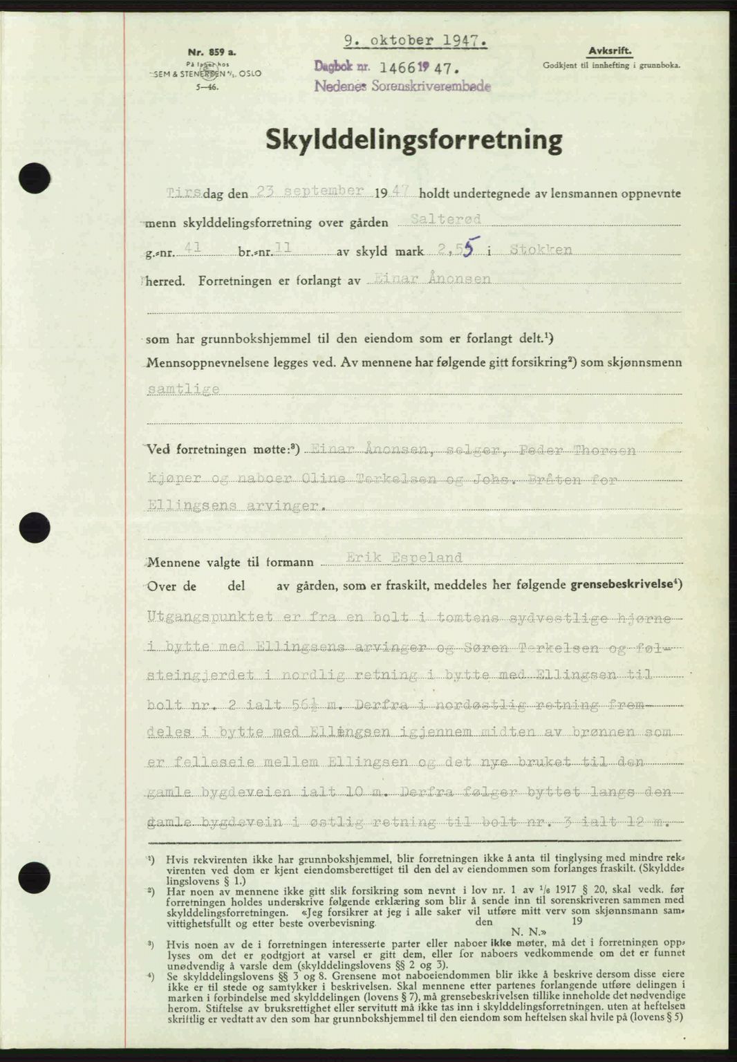 Nedenes sorenskriveri, SAK/1221-0006/G/Gb/Gba/L0058: Mortgage book no. A10, 1947-1948, Diary no: : 1466/1947