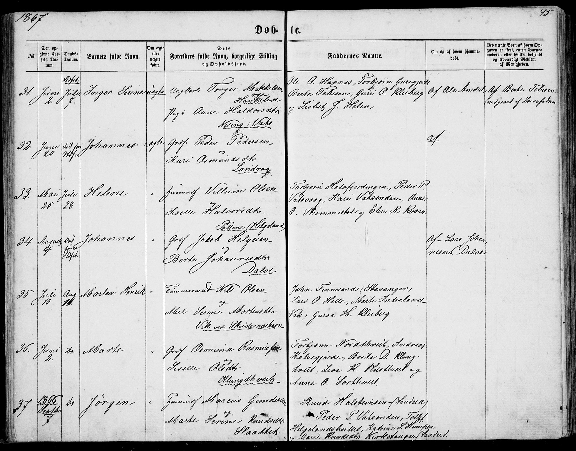Nedstrand sokneprestkontor, SAST/A-101841/01/IV: Parish register (official) no. A 9, 1861-1876, p. 45