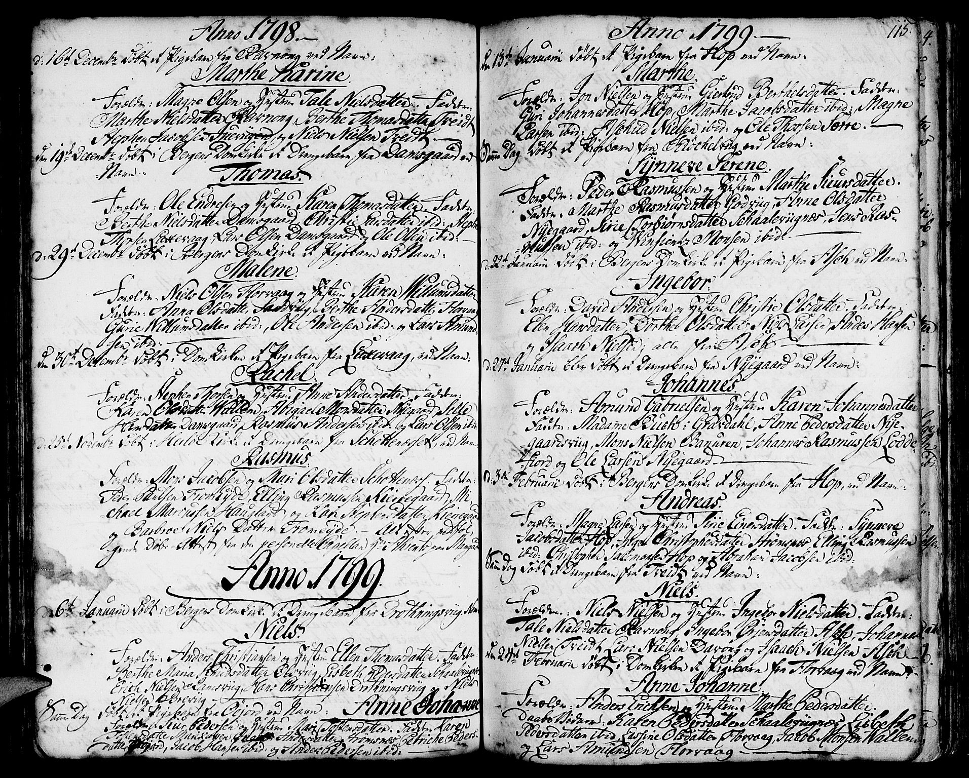 Askøy Sokneprestembete, SAB/A-74101/H/Ha/Haa/Haaa/L0001: Parish register (official) no. A 1, 1742-1818, p. 115