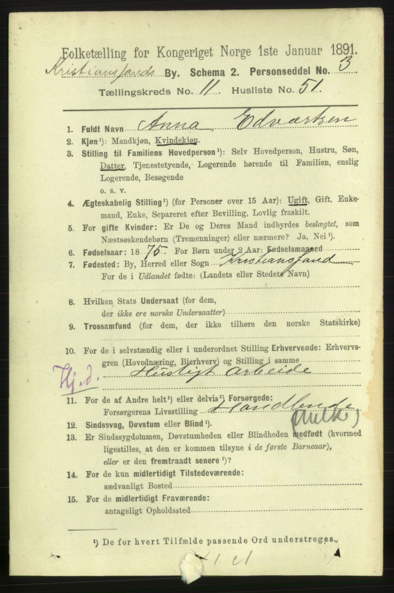 RA, 1891 census for 1001 Kristiansand, 1891, p. 5999