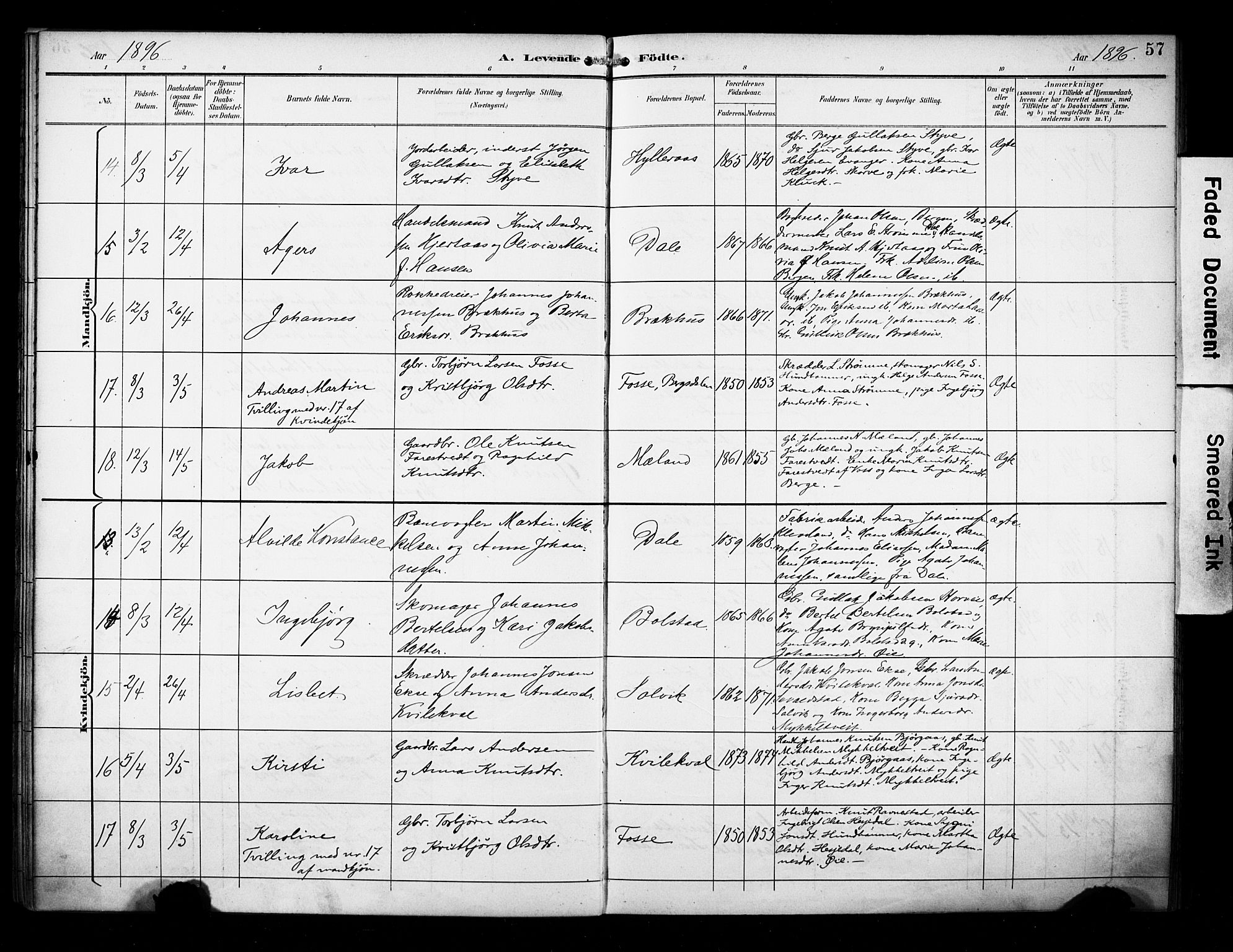 Evanger sokneprestembete, AV/SAB-A-99924: Parish register (official) no. A 2, 1892-1899, p. 57