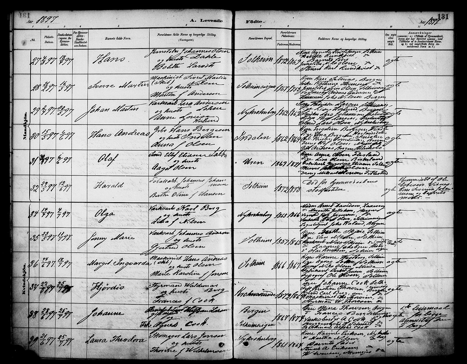 Årstad Sokneprestembete, AV/SAB-A-79301/H/Haa/L0001: Parish register (official) no. A 1, 1886-1901, p. 131