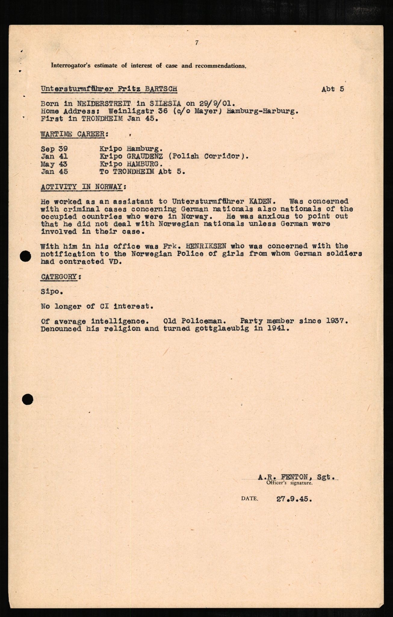 Forsvaret, Forsvarets overkommando II, RA/RAFA-3915/D/Db/L0002: CI Questionaires. Tyske okkupasjonsstyrker i Norge. Tyskere., 1945-1946, p. 188