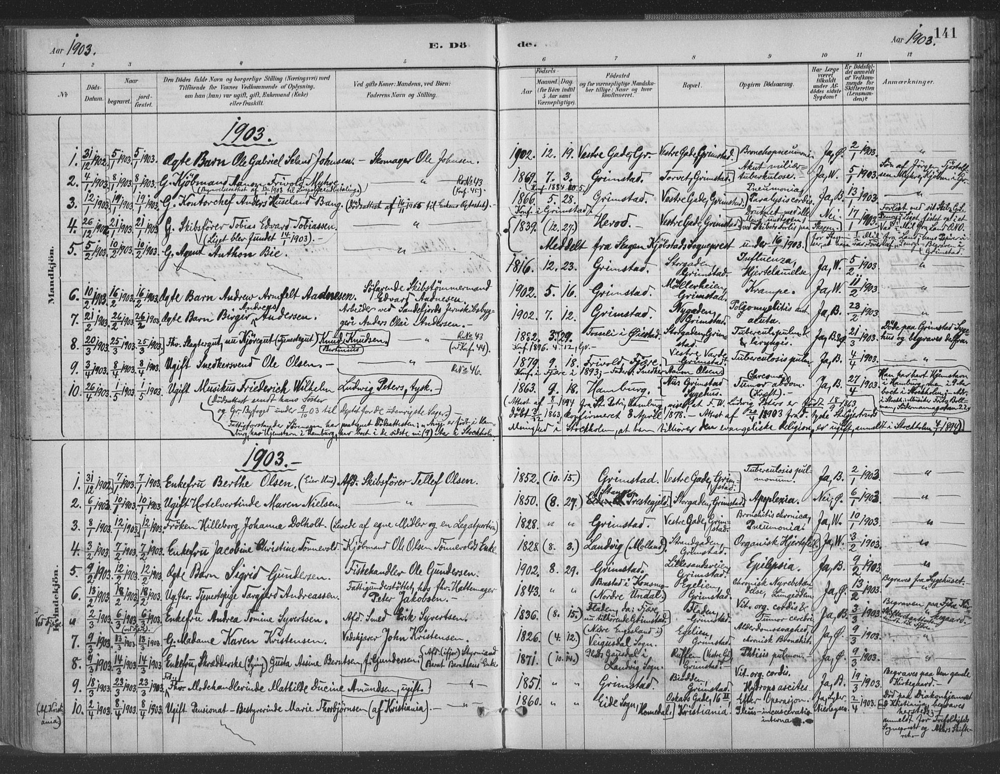 Grimstad sokneprestkontor, SAK/1111-0017/F/Fa/L0004: Parish register (official) no. A 3, 1882-1910, p. 141