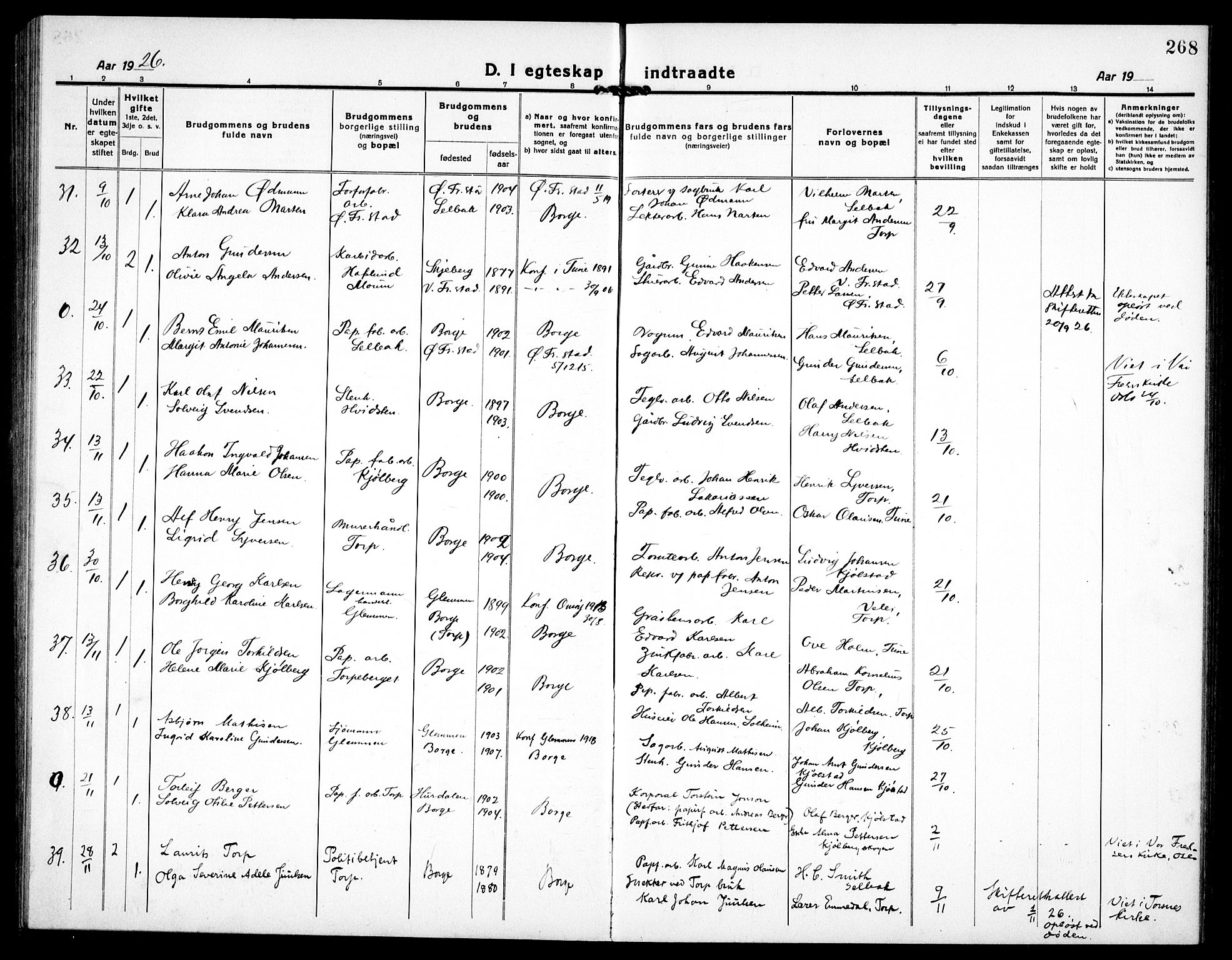 Borge prestekontor Kirkebøker, AV/SAO-A-10903/G/Ga/L0003: Parish register (copy) no. I 3, 1918-1939, p. 268