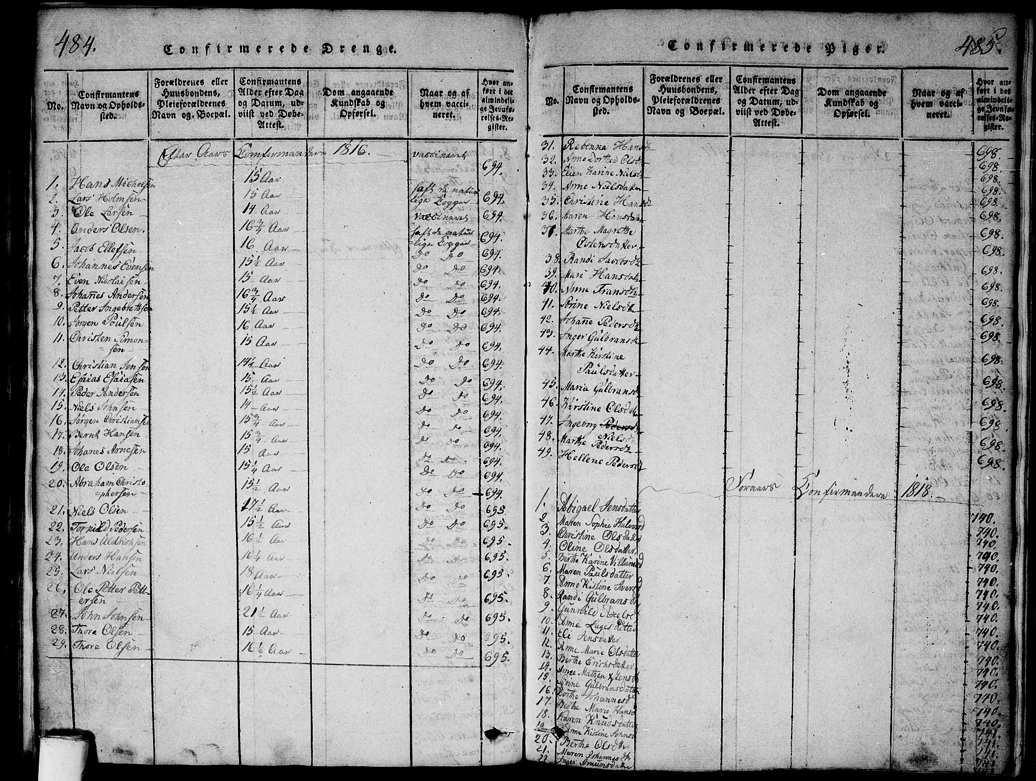 Aker prestekontor kirkebøker, SAO/A-10861/G/L0002: Parish register (copy) no. 2, 1815-1819, p. 484-485