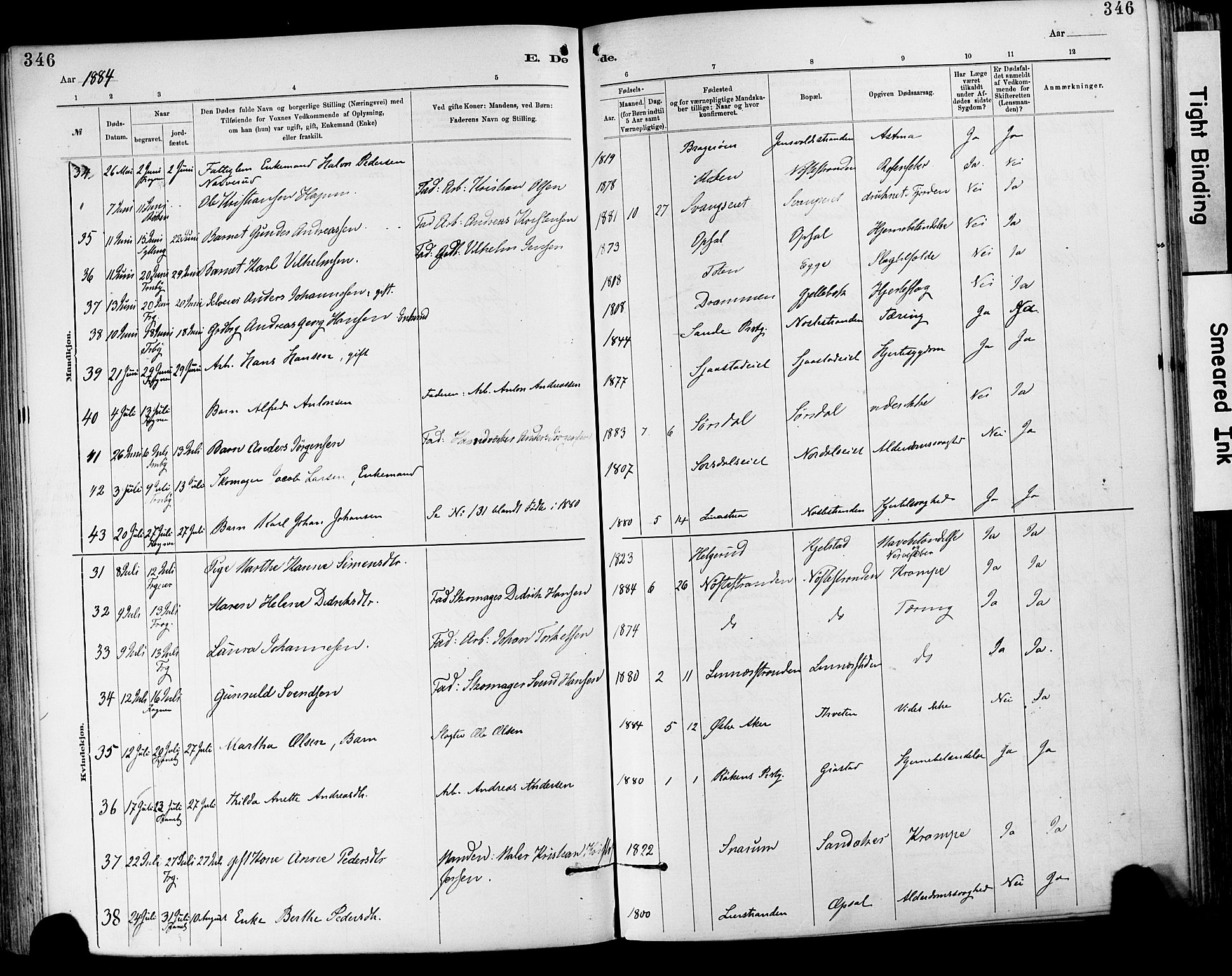 Lier kirkebøker, AV/SAKO-A-230/F/Fa/L0015: Parish register (official) no. I 15, 1883-1894, p. 346