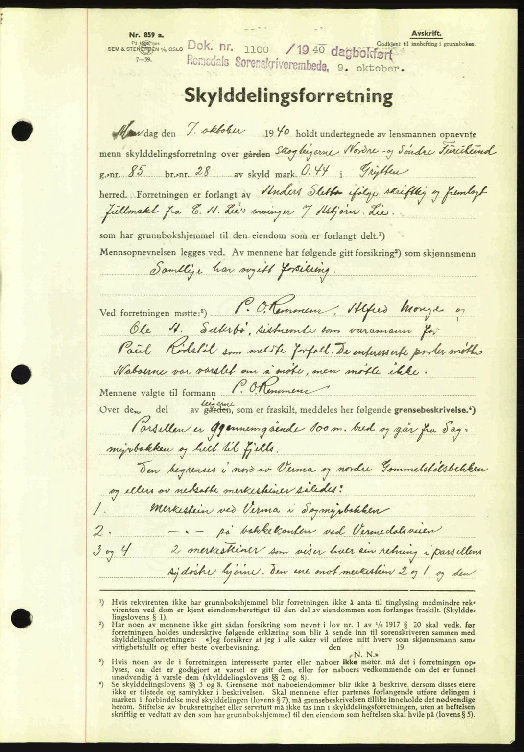 Romsdal sorenskriveri, AV/SAT-A-4149/1/2/2C: Mortgage book no. A8, 1939-1940, Diary no: : 1100/1940