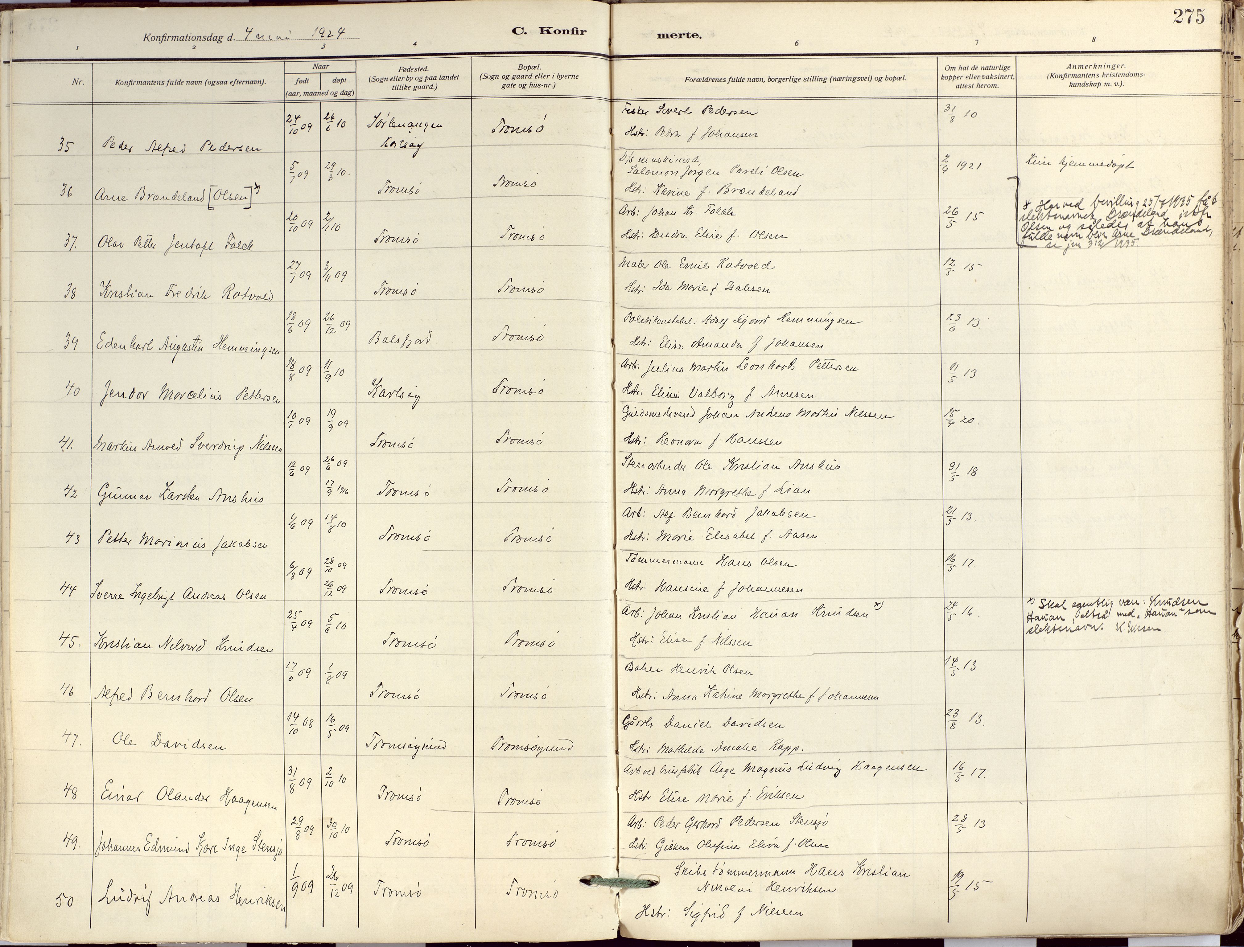 Tromsø sokneprestkontor/stiftsprosti/domprosti, AV/SATØ-S-1343/G/Ga/L0019kirke: Parish register (official) no. 19, 1917-1927, p. 275